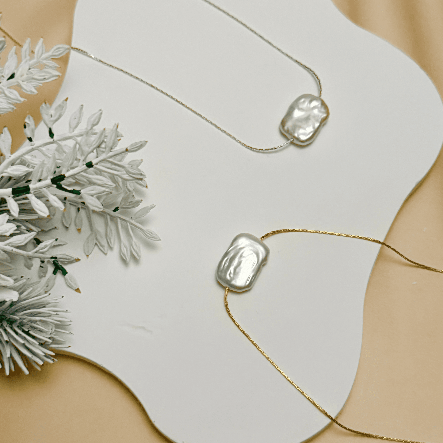 baroque rectangle pearl necklace available in gold-filled and sterling silver chains – minimalist handcrafted pearl jewelry for layering or gifting