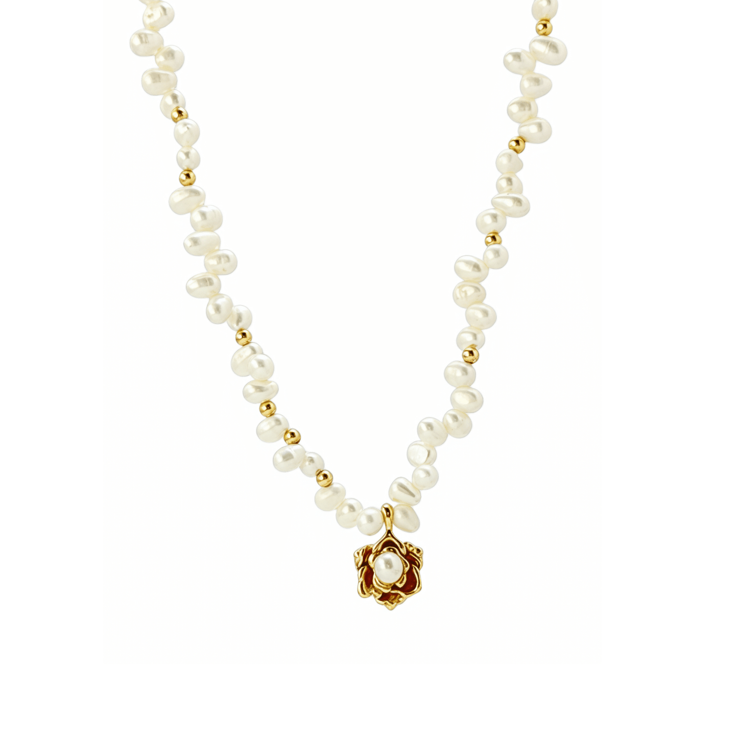 Elegant Camellia pearl necklace featuring natural baroque pearls and a sculpted gold bloom design