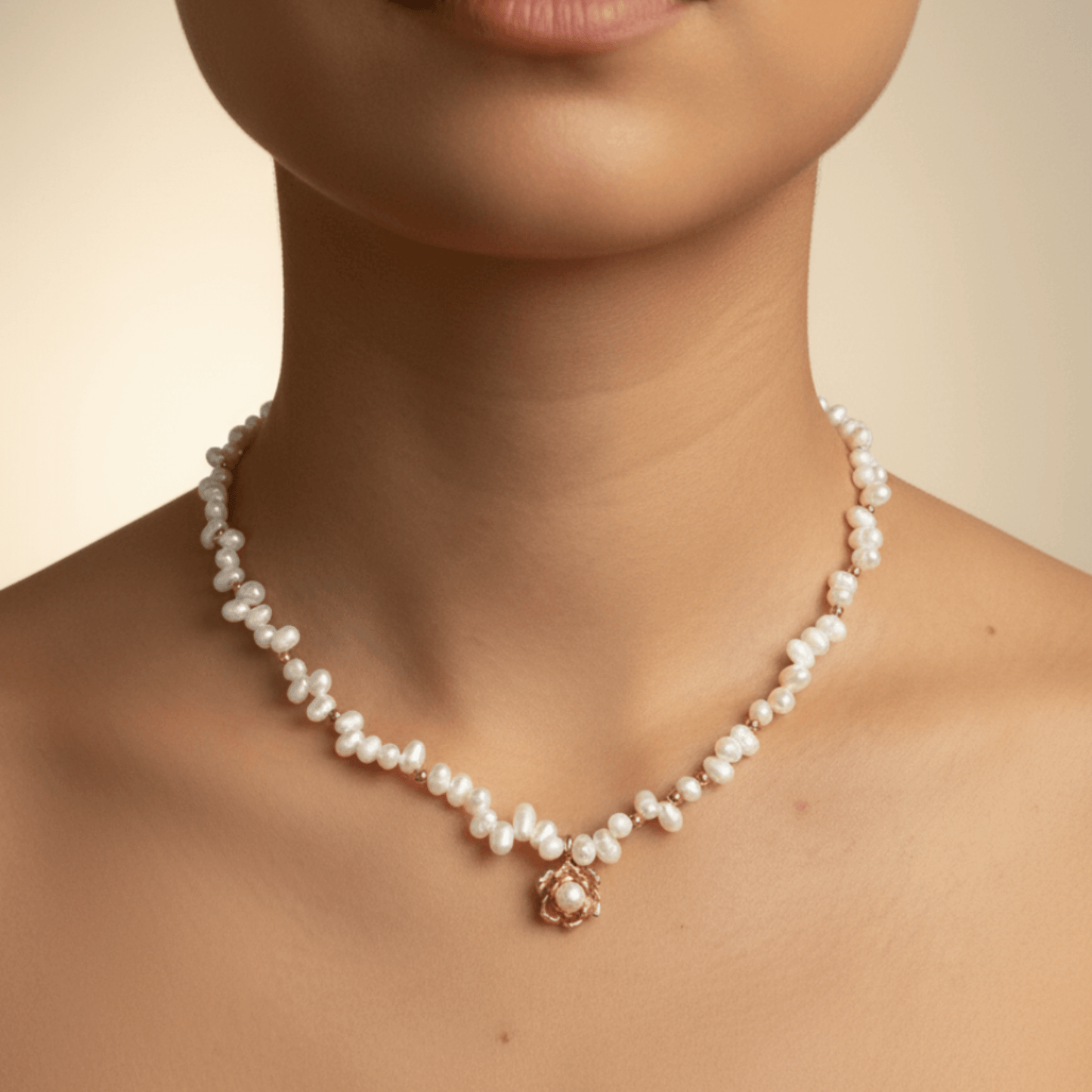Elegant Camellia pearl necklace featuring natural baroque pearls and a sculpted gold bloom design