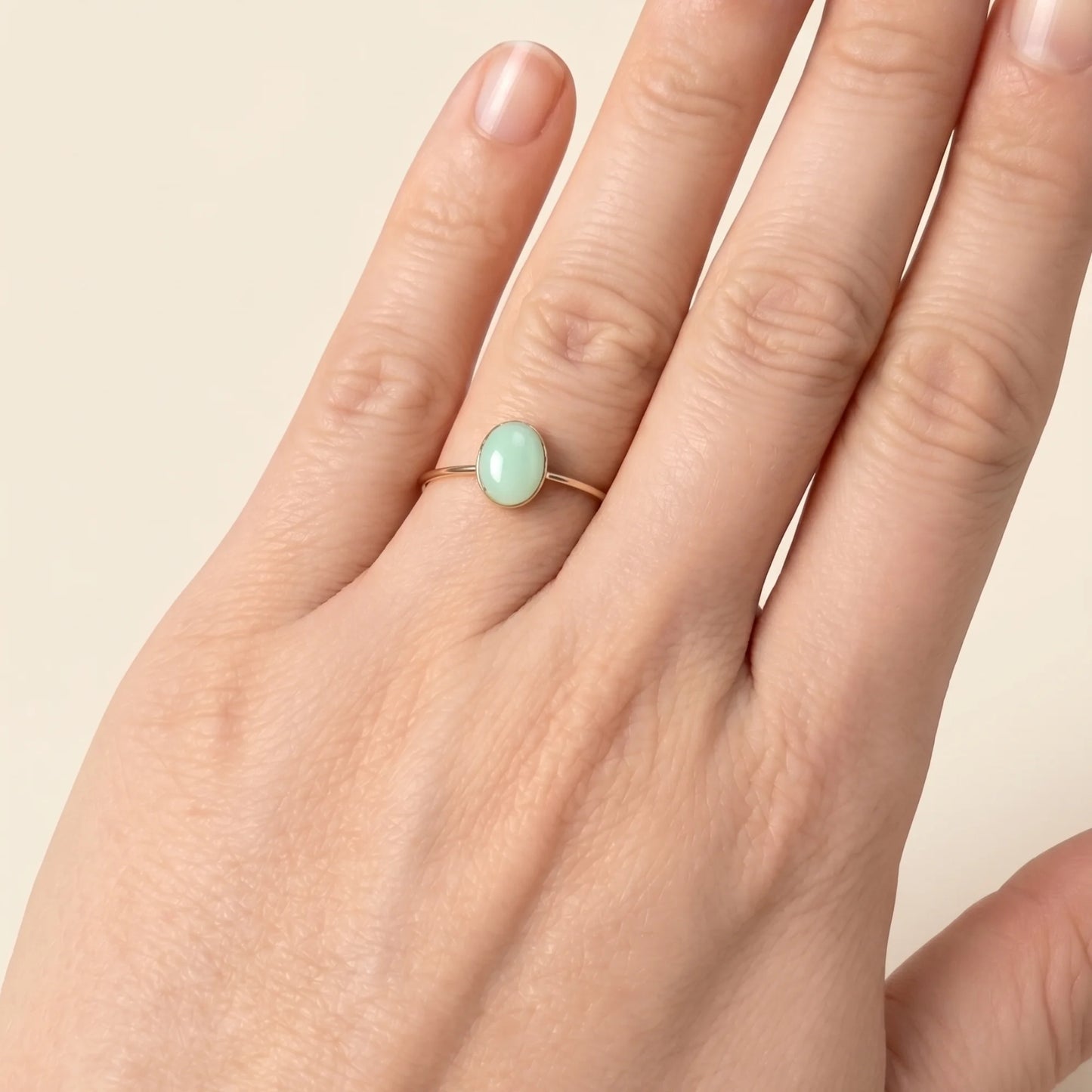 MXW natural oval chrysoprase August birthstone stacking ring in 14K gold-filled metal
