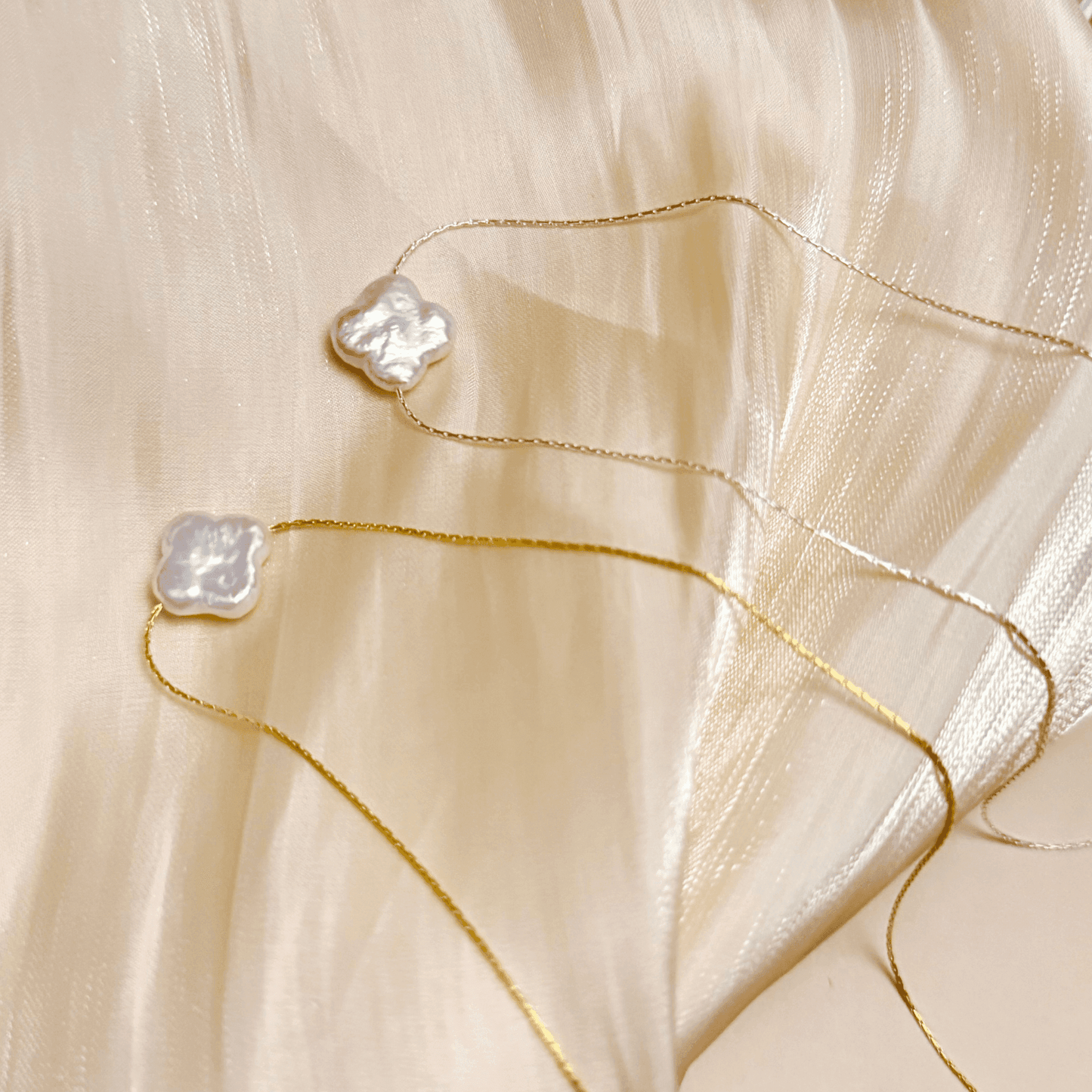 Baroque clover freshwater pearl necklace with 14k gold-filled and sterling silver chain, minimalist handcrafted jewelry for luck and elegance