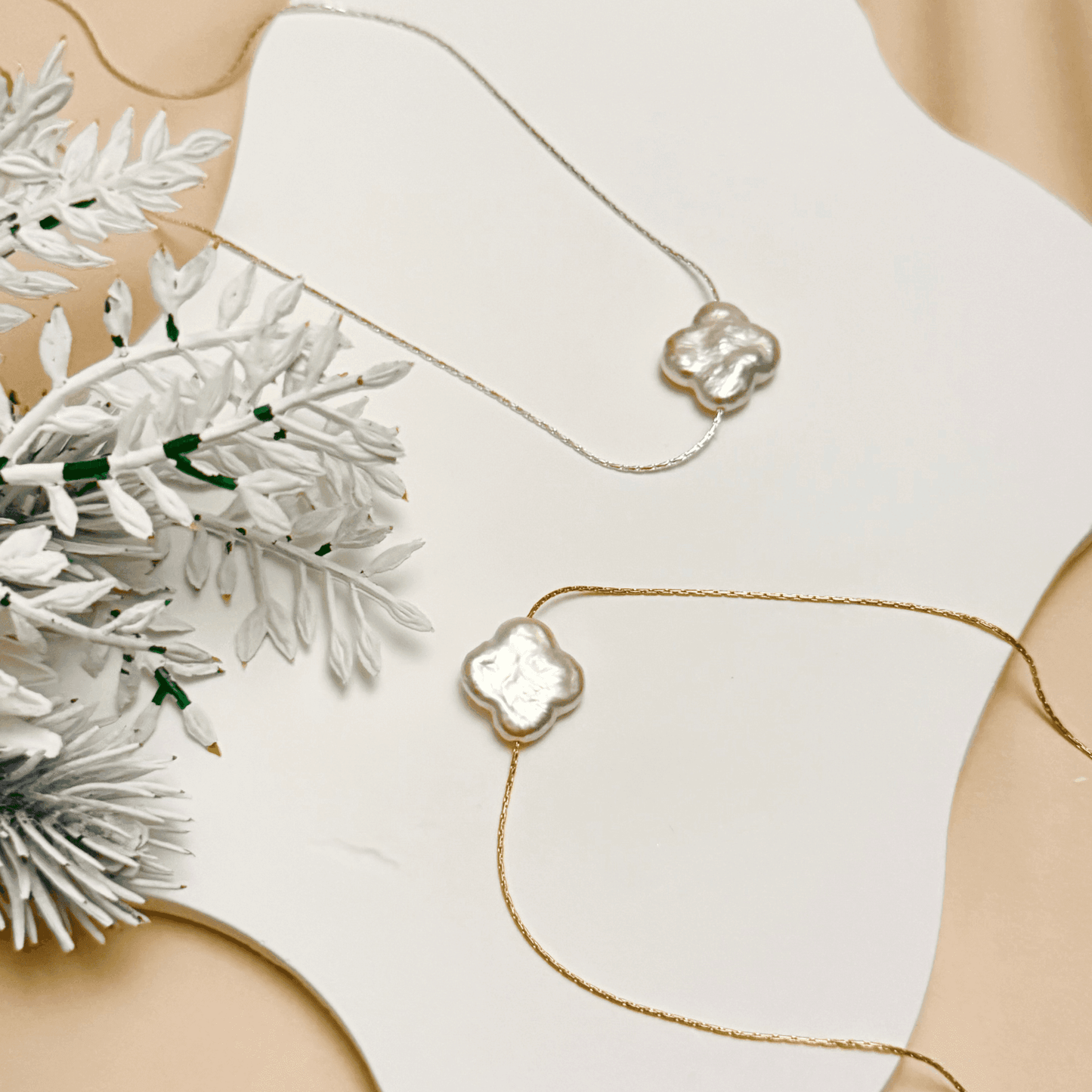 Baroque clover freshwater pearl necklace with 14k gold-filled and sterling silver chain, minimalist handcrafted jewelry for luck and elegance