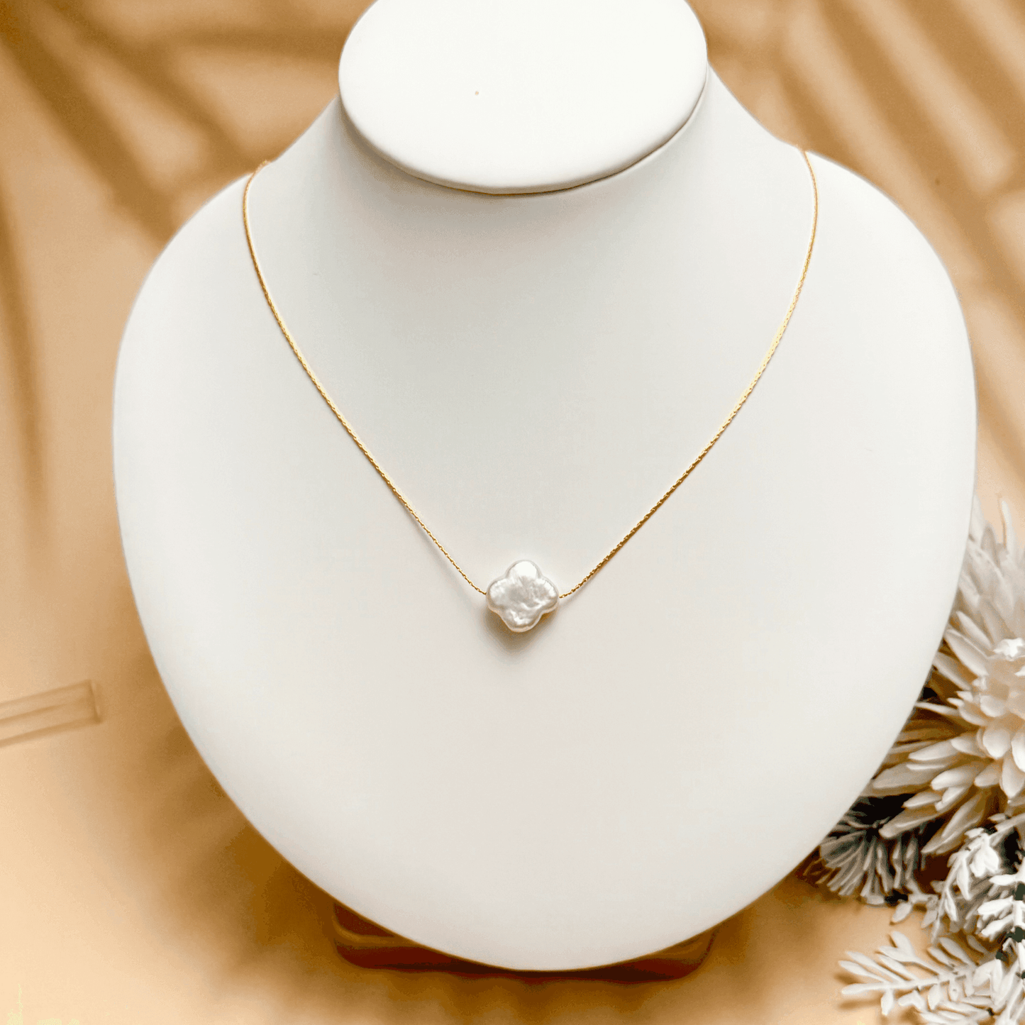 Baroque clover freshwater pearl necklace with 14k gold-filled and sterling silver chain, minimalist handcrafted jewelry for luck and elegance