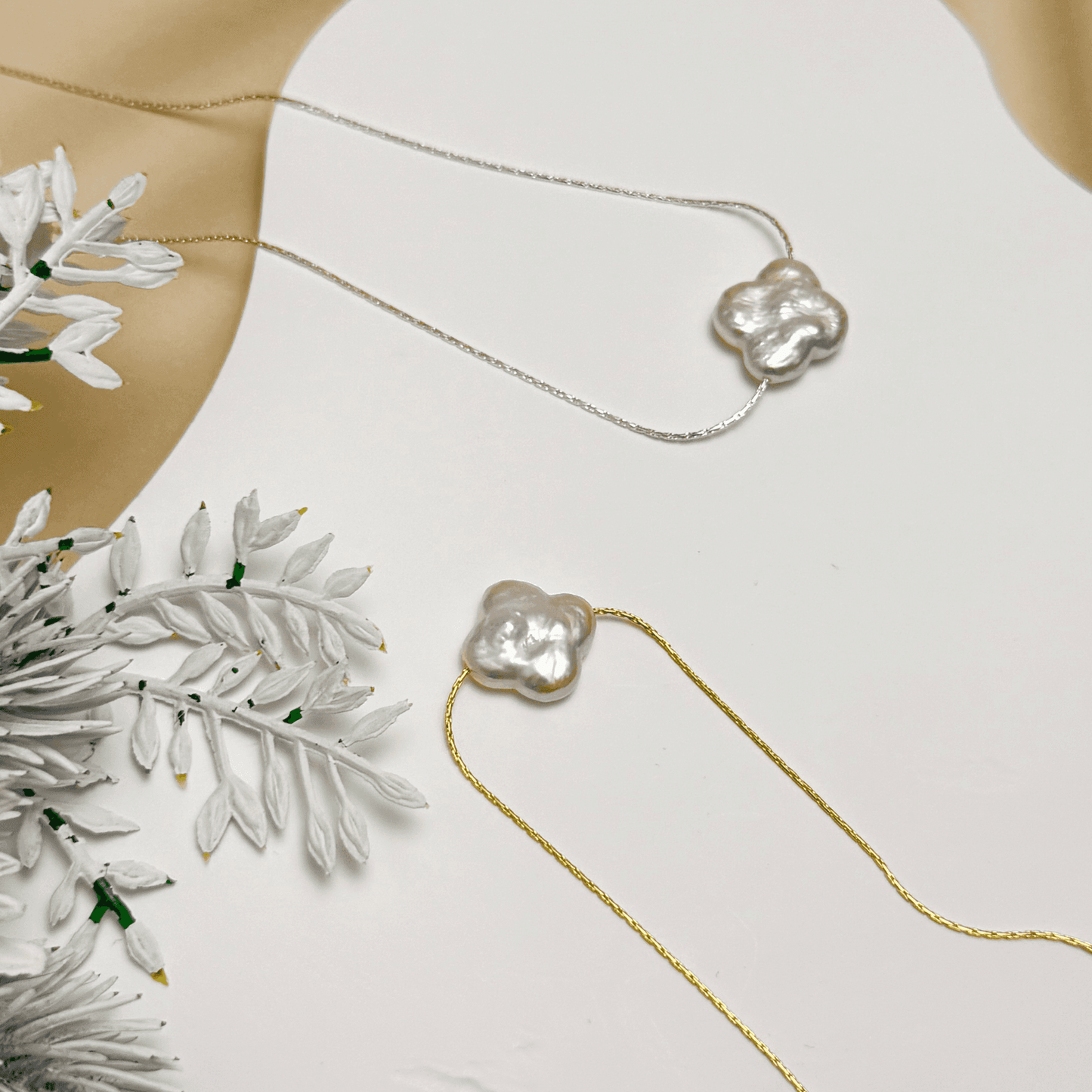 Baroque clover freshwater pearl necklace with 14k gold-filled and sterling silver chain, minimalist handcrafted jewelry for luck and elegance