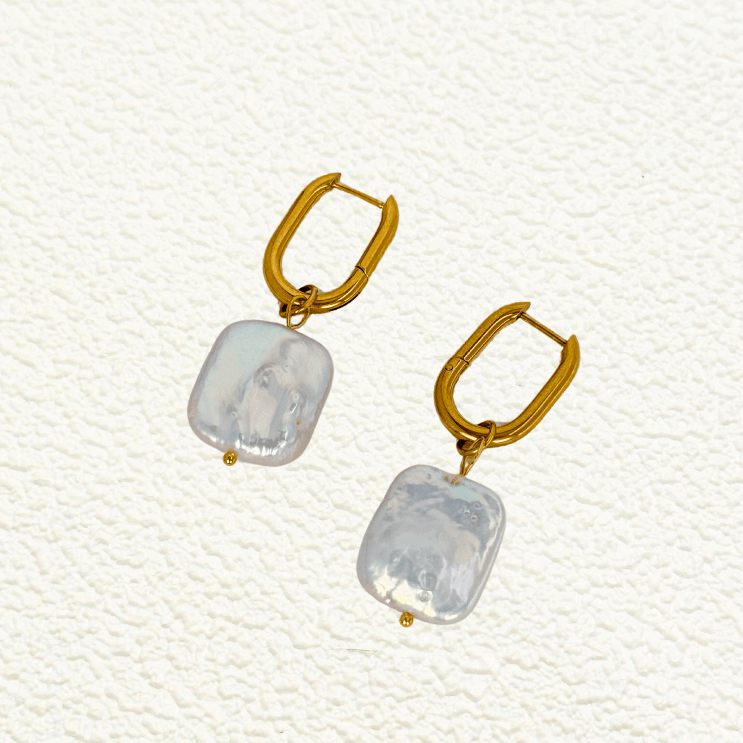 Baroque pearl drop earrings with gold rounded square hoops, modern elegant waterproof design