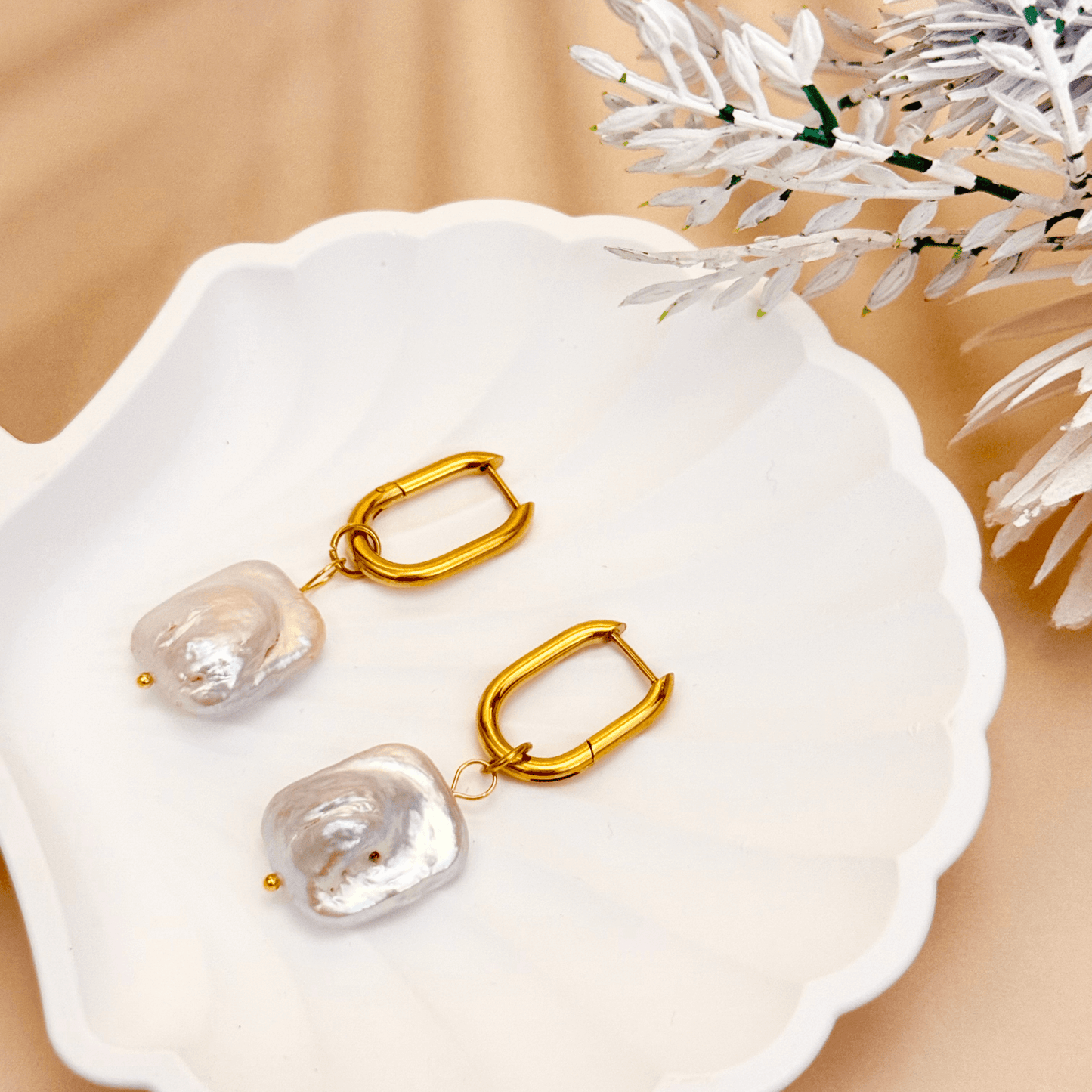 Baroque pearl drop earrings with gold rounded square hoops, modern elegant waterproof design