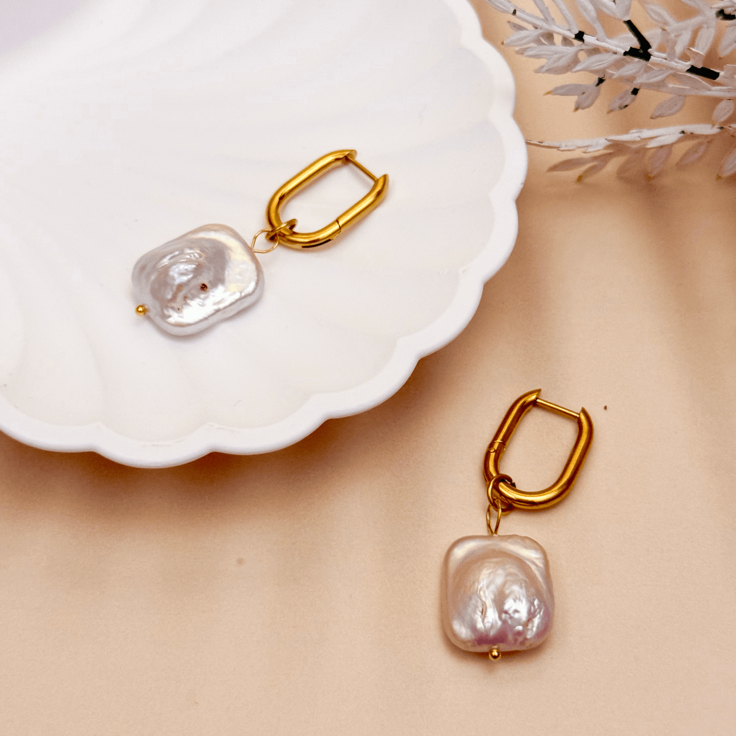 Baroque pearl drop earrings with gold rounded square hoops, modern elegant waterproof design