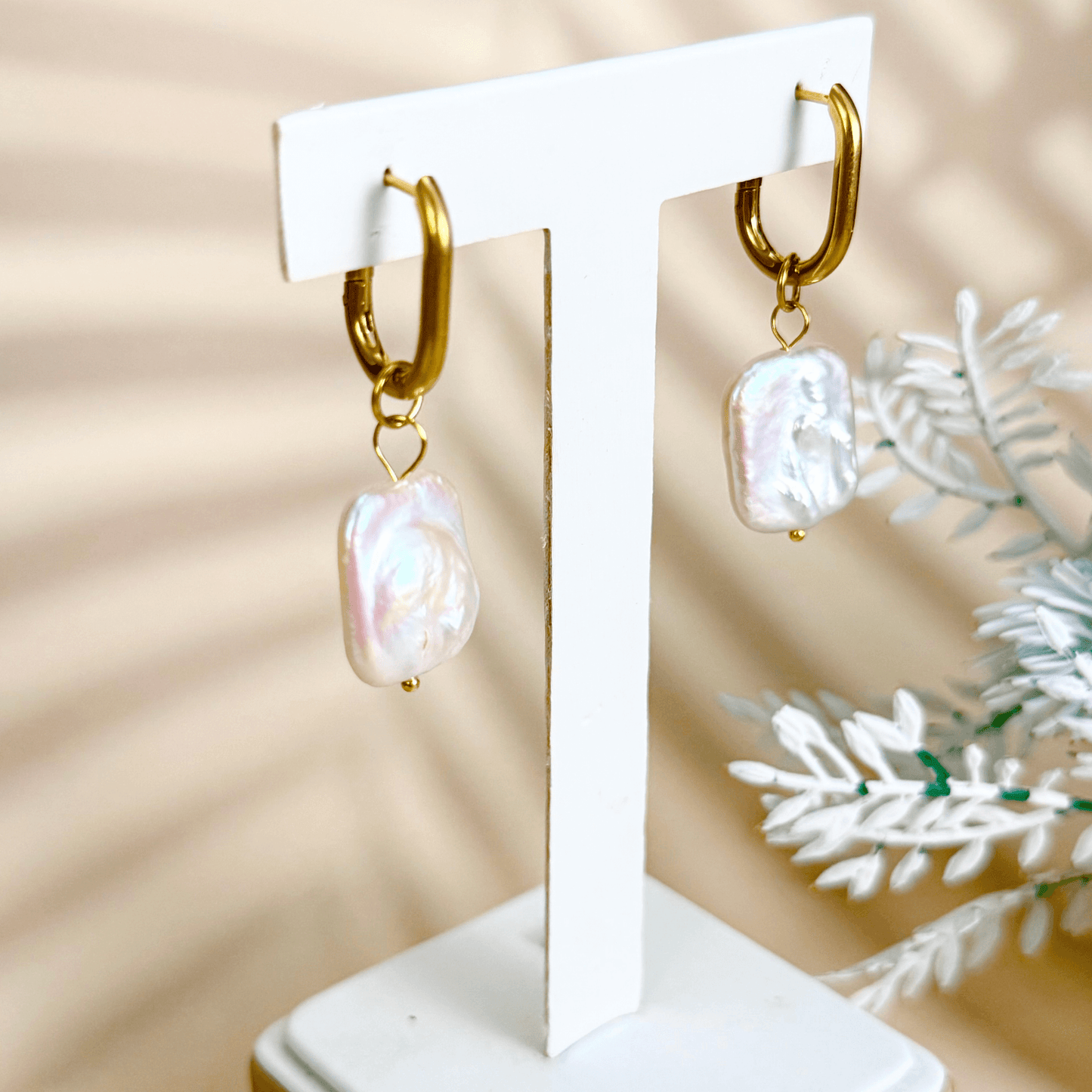 Baroque pearl drop earrings with gold rounded square hoops, modern elegant waterproof design