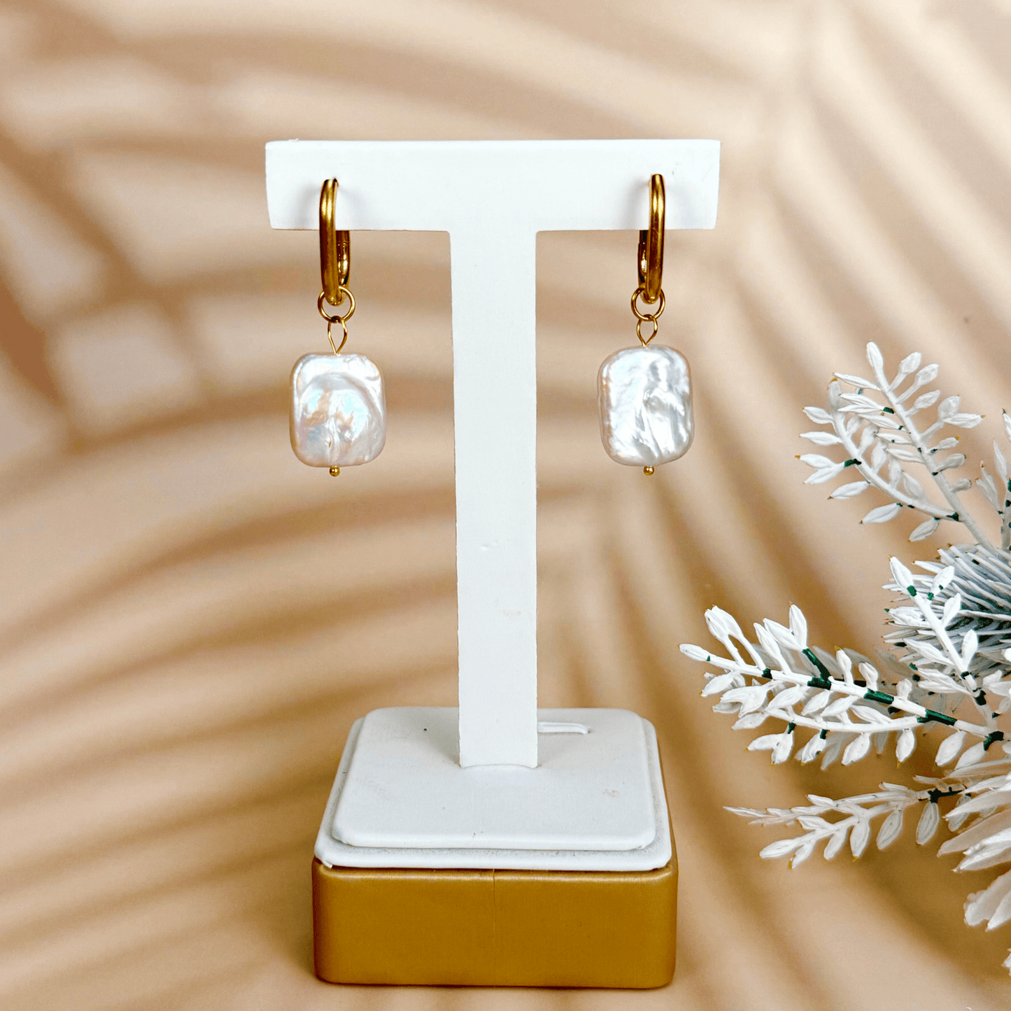 Baroque pearl drop earrings with gold rounded square hoops, modern elegant waterproof design