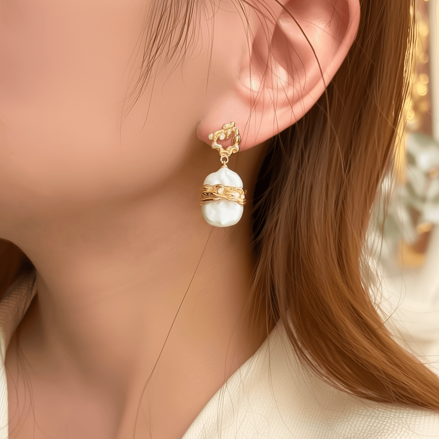 earrings with baroque freshwater pearls wrapped in sculptural gold wave bands and organic textured gold studs