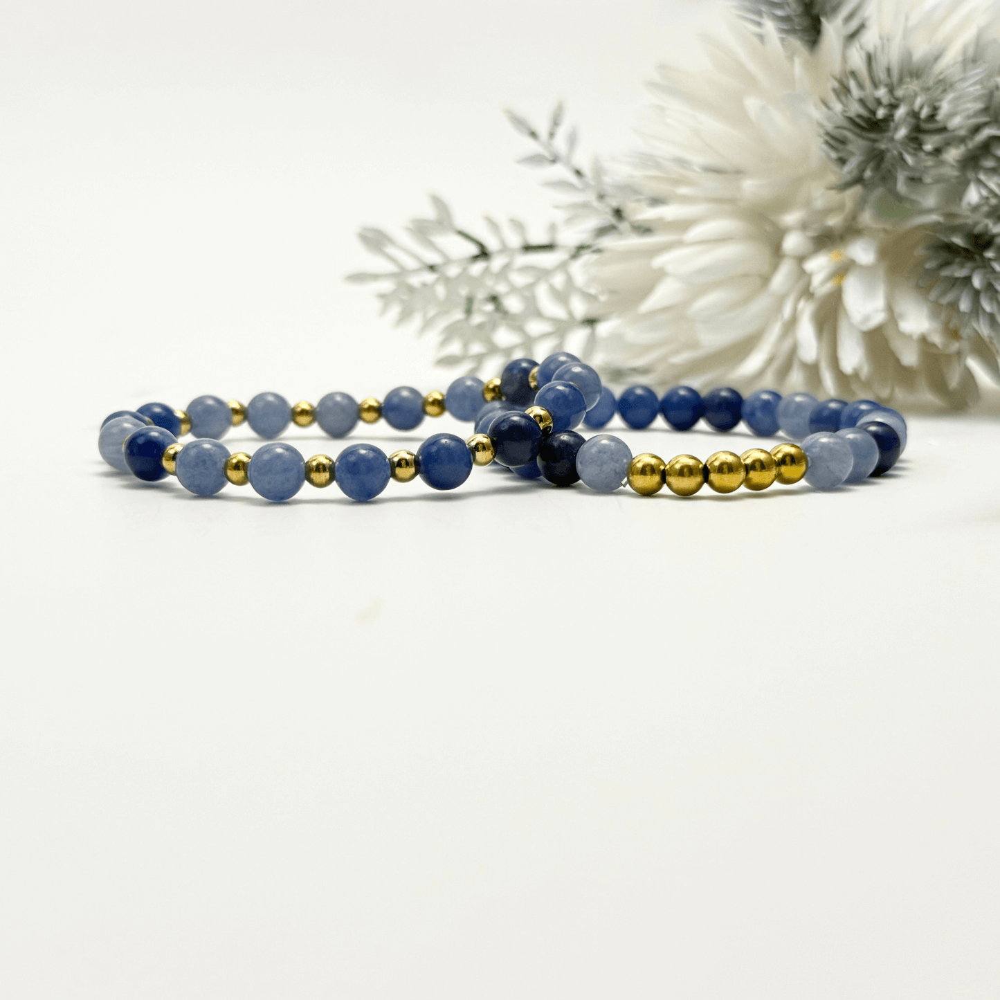 blue aventurine stretch bracelet set with gold accents – calming natural gemstone jewellery
