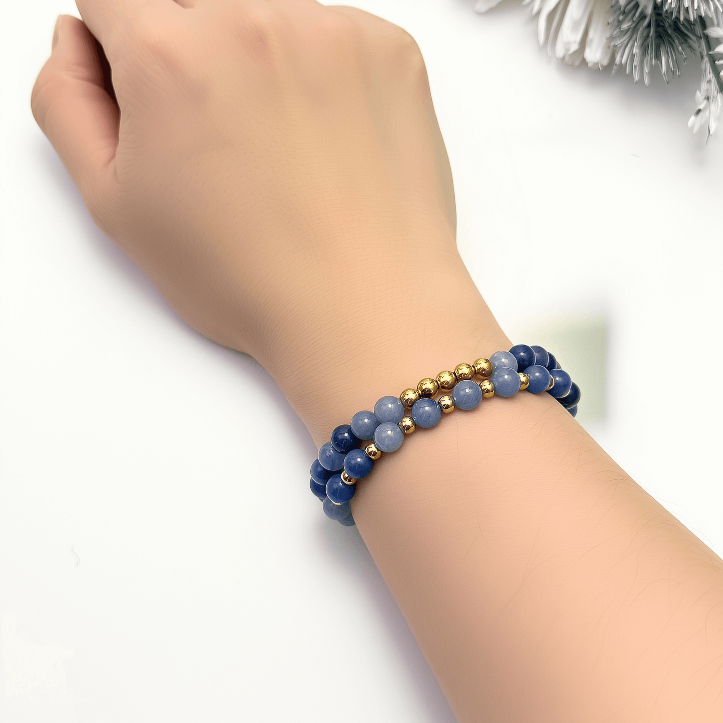blue aventurine stretch bracelet set with gold accents – calming natural gemstone jewellery