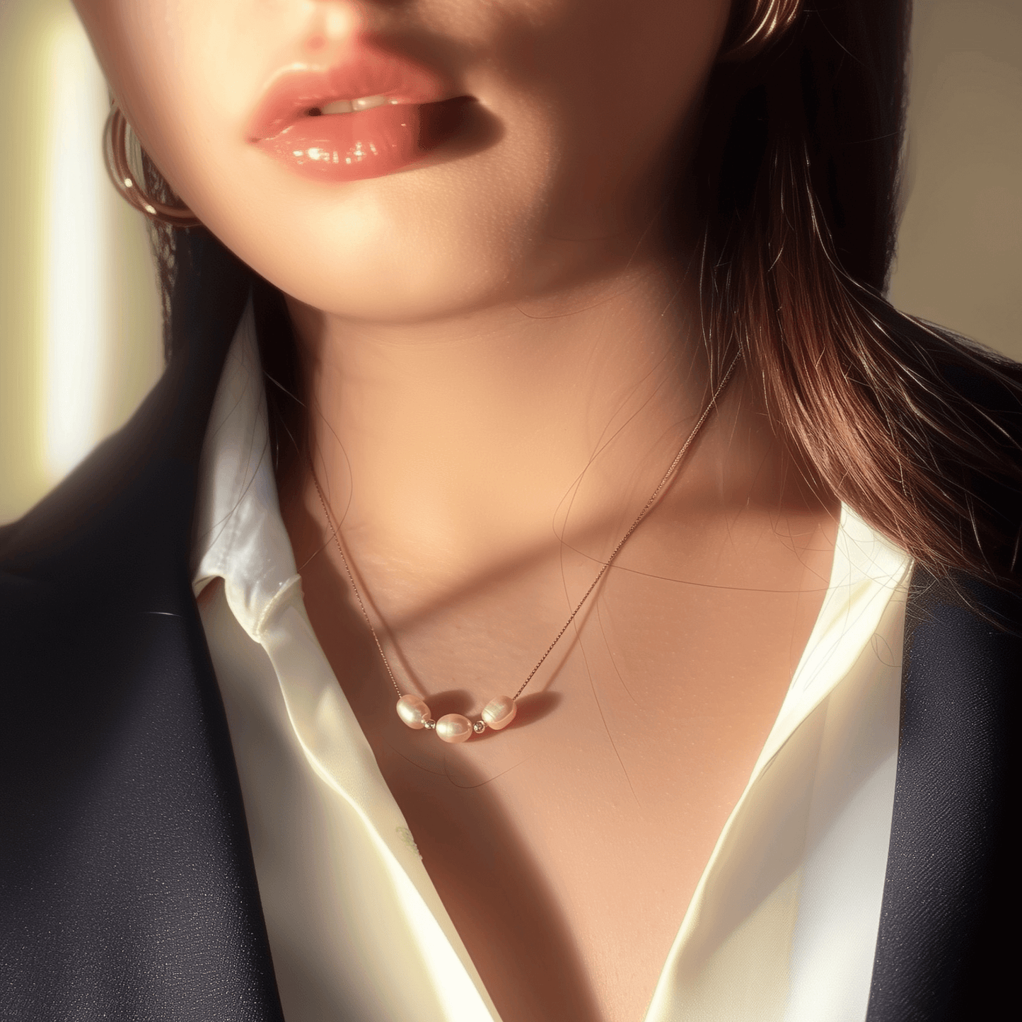 Blush pink freshwater pearl necklace with three pearls on a fine chain, available in gold filled and sterling silver options.