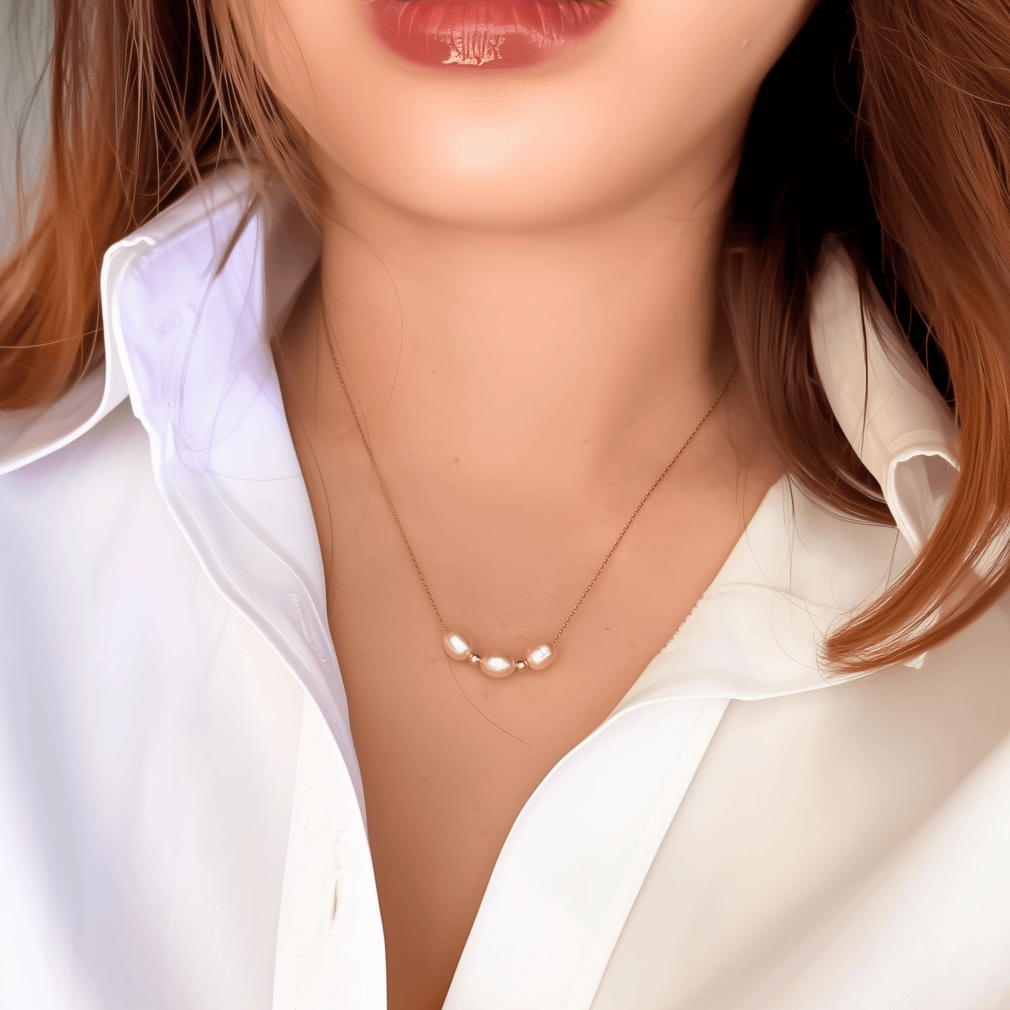 Blush pink freshwater pearl necklace with three pearls on a fine chain, available in gold filled and sterling silver options.