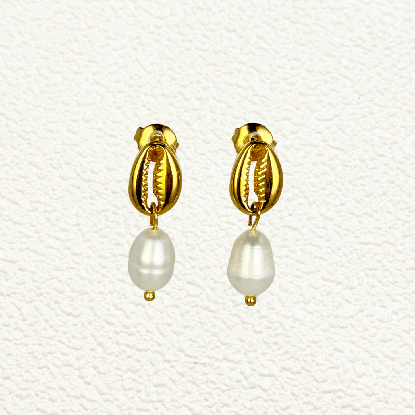 Gold cowrie shell earrings with freshwater pearl drops on white background
