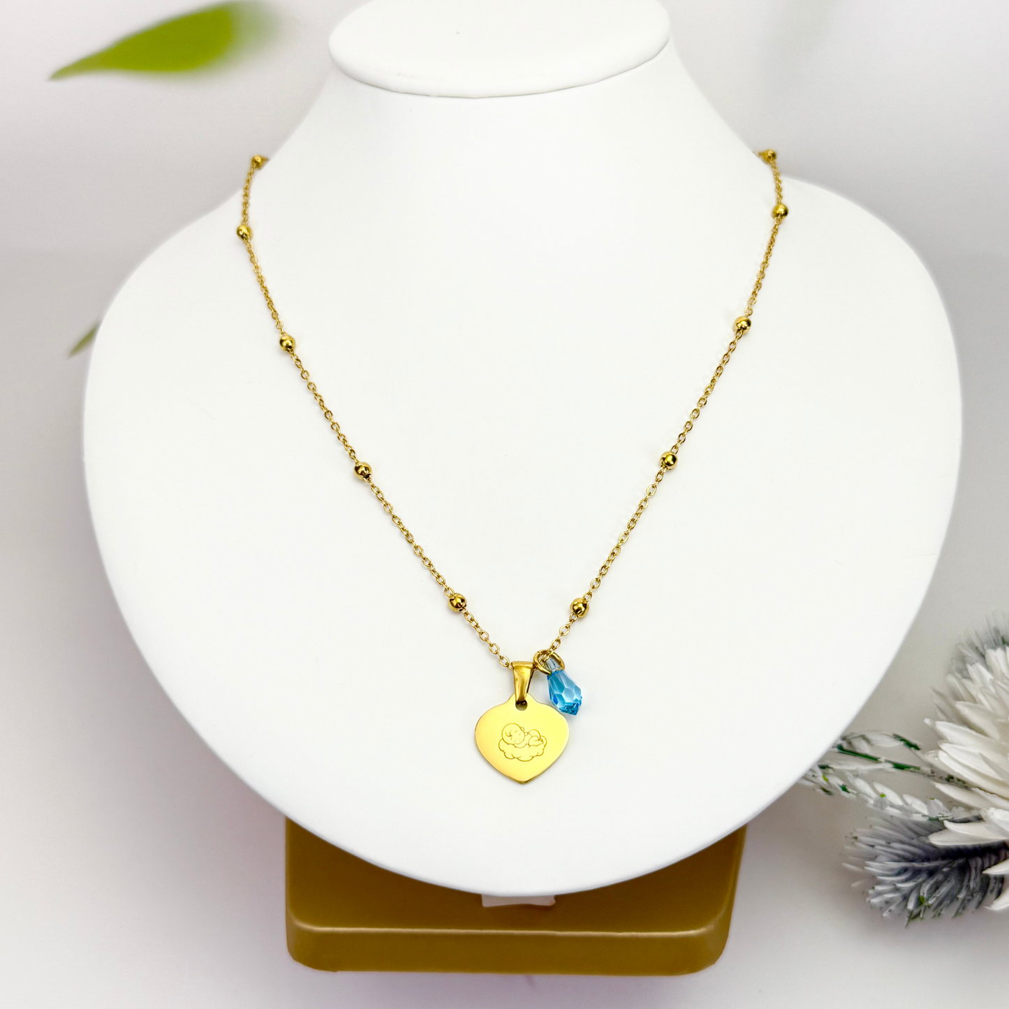 Custom engravable heart necklace with Swarovski birthstone, personalised jewellery, gold snake chain layering option.