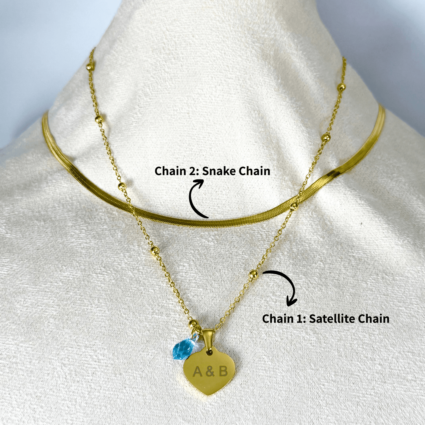 Custom engravable heart necklace with Swarovski birthstone, personalised jewellery, gold snake chain layering option.