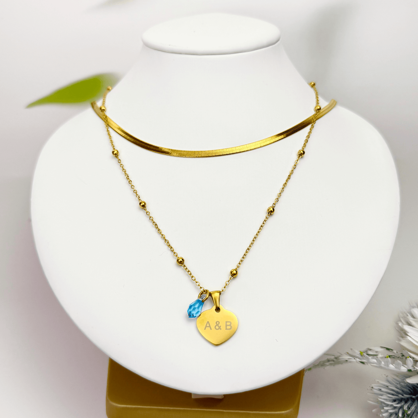 Custom engravable heart necklace with Swarovski birthstone, personalised jewellery, gold snake chain layering option.