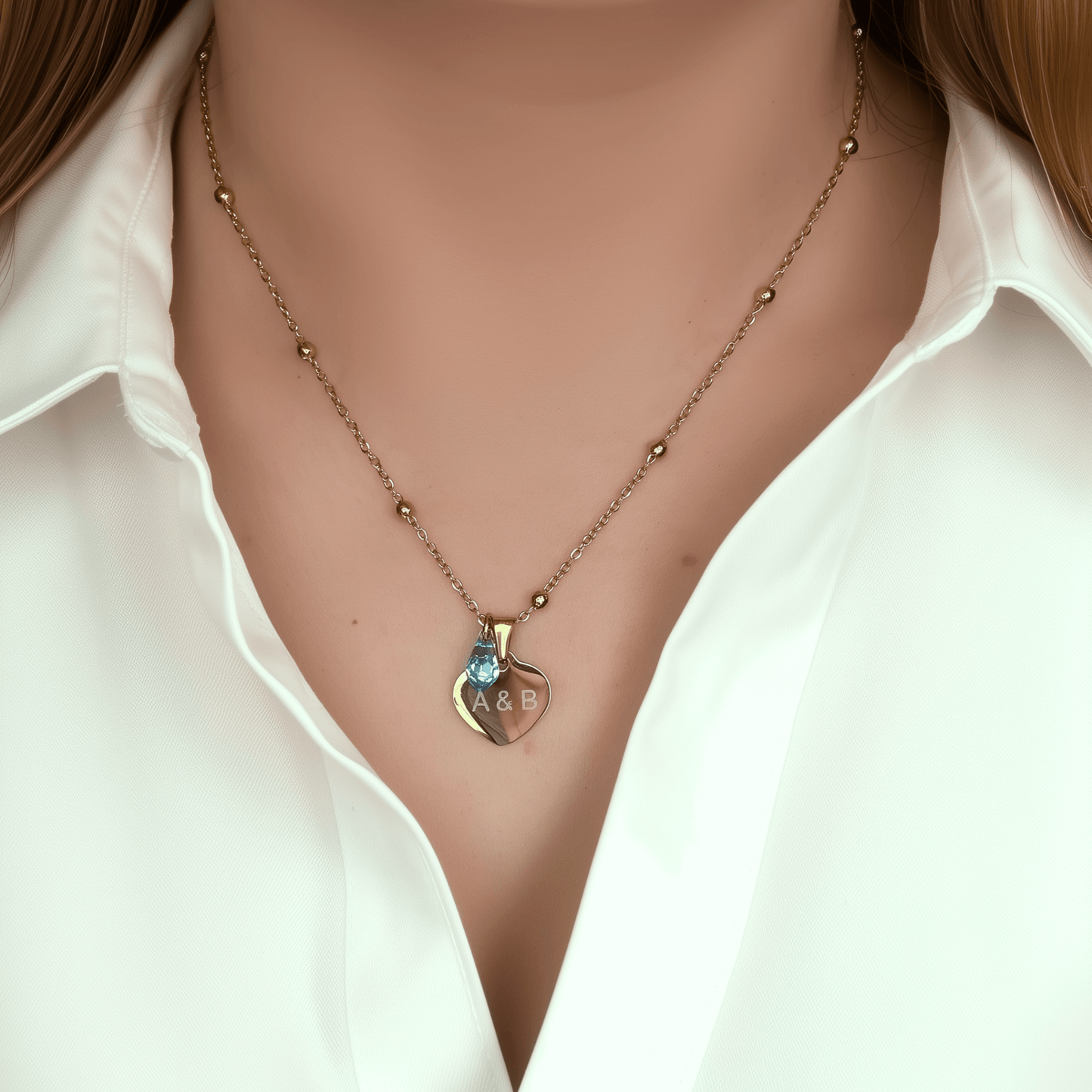 Custom engravable heart necklace with Swarovski birthstone, personalised jewellery, gold snake chain layering option.