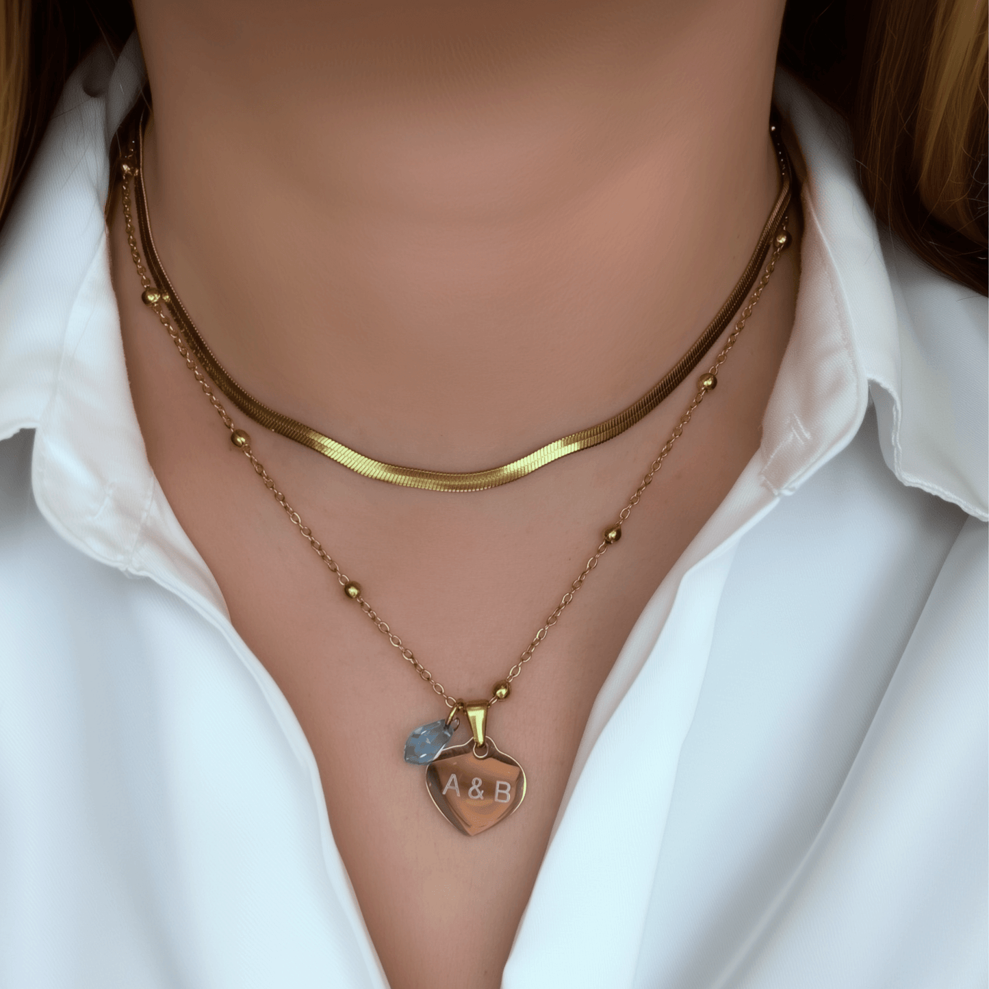 Custom engravable heart necklace with Swarovski birthstone, personalised jewellery, gold snake chain layering option.