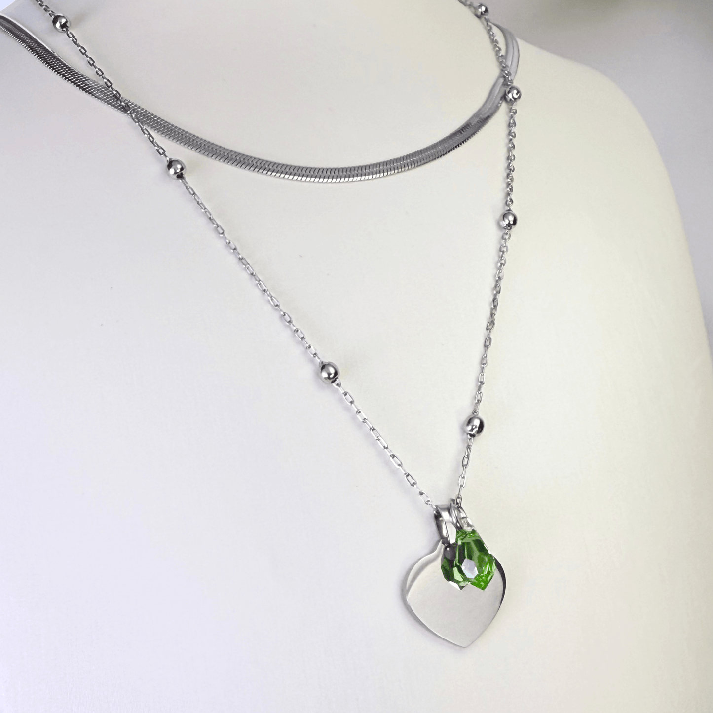 Custom engravable heart necklace with Swarovski birthstone, personalised jewellery, silver snake chain layering option.