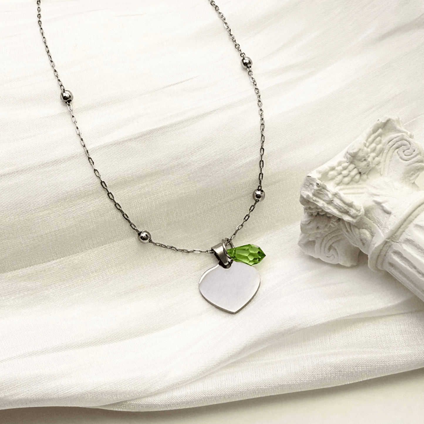 Custom engravable heart necklace with Swarovski birthstone, personalised jewellery, silver snake chain layering option.