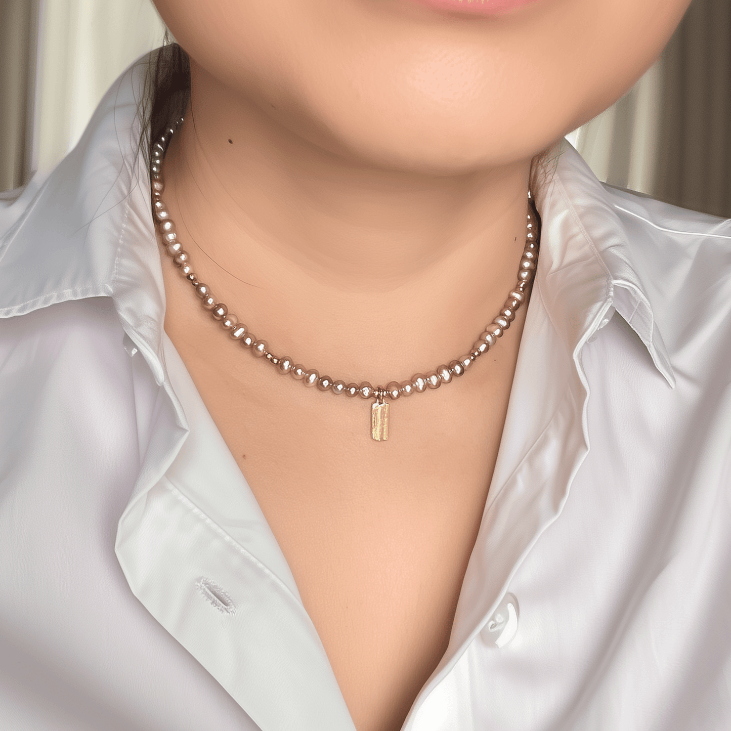 Custom purple pearl necklace with engravable charm in gold or silver – waterproof personalised jewellery.