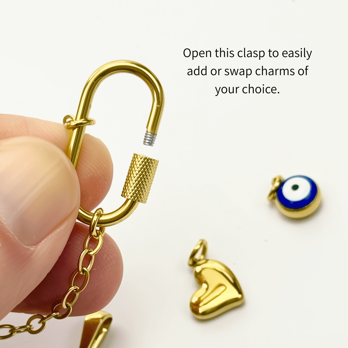 Custom rectangular ring necklace with detachable charms – initial, evil eye, and heart for love and protection.