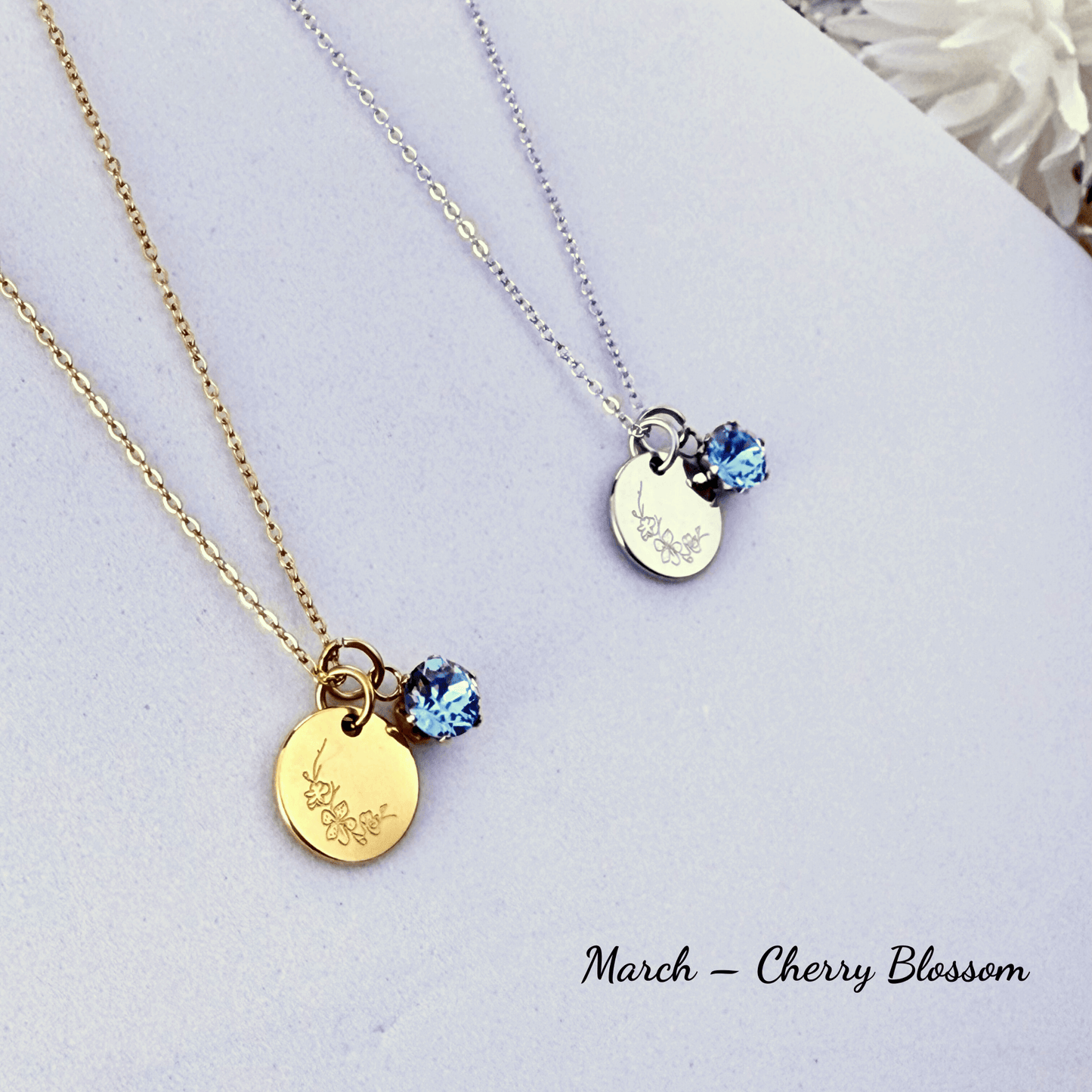 Personalised birth flower necklace with Swarovski crystal birthstone in gold and silver