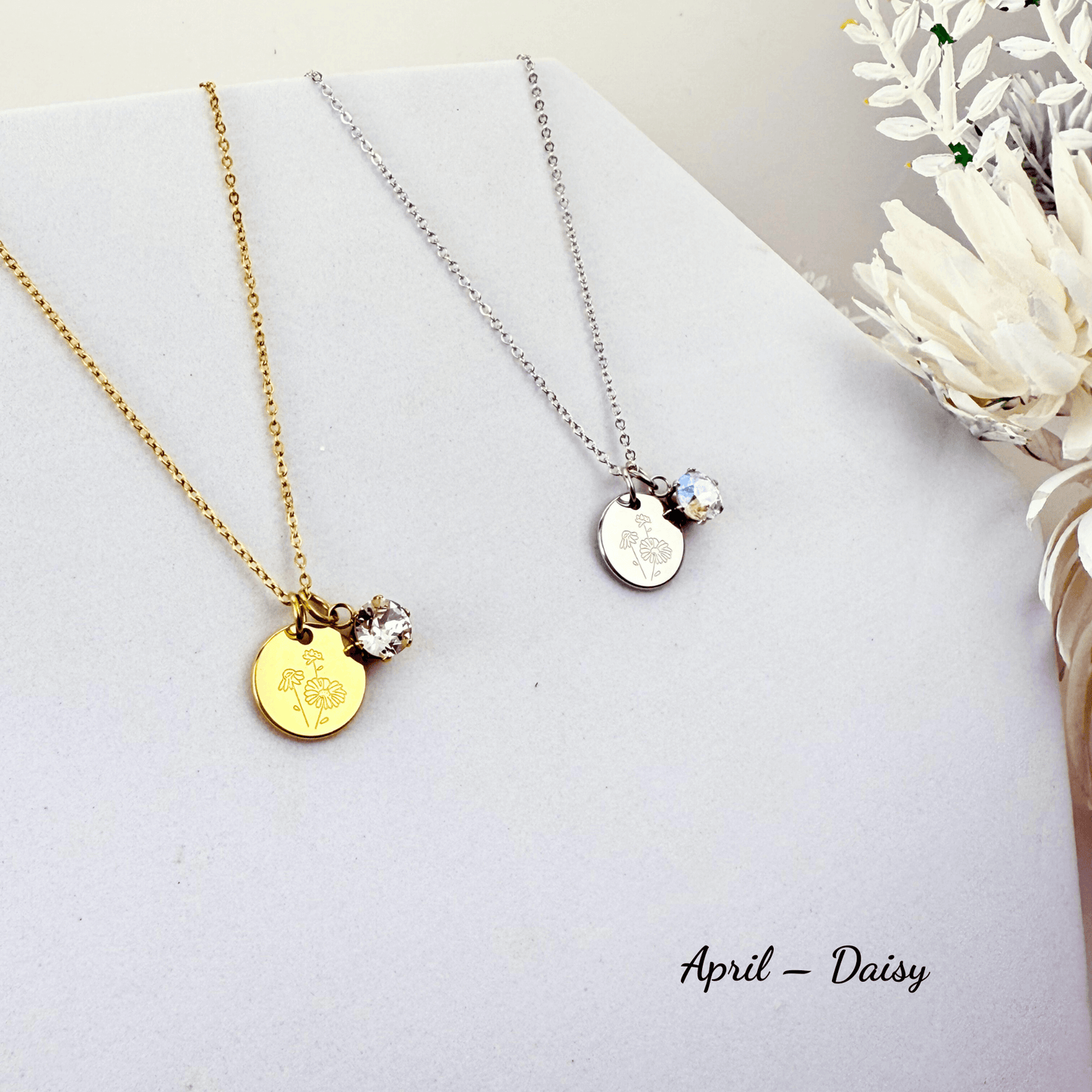 Personalised birth flower necklace with Swarovski crystal birthstone in gold and silver