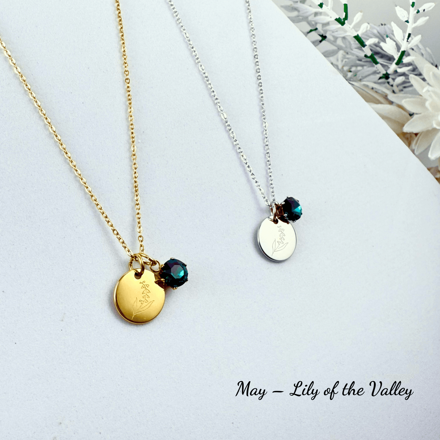 Personalised birth flower necklace with Swarovski crystal birthstone in gold and silver