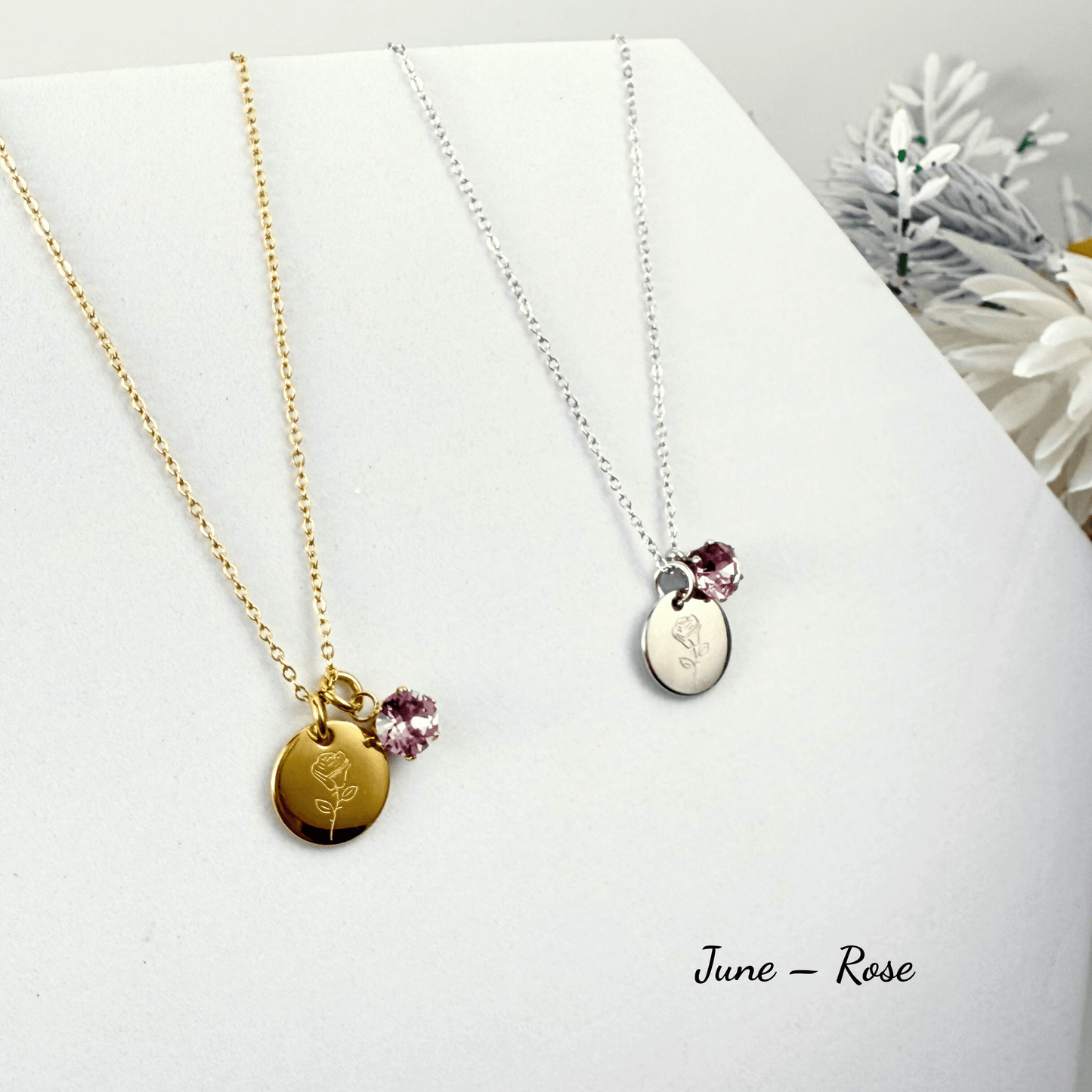 Personalised birth flower necklace with Swarovski crystal birthstone in gold and silver