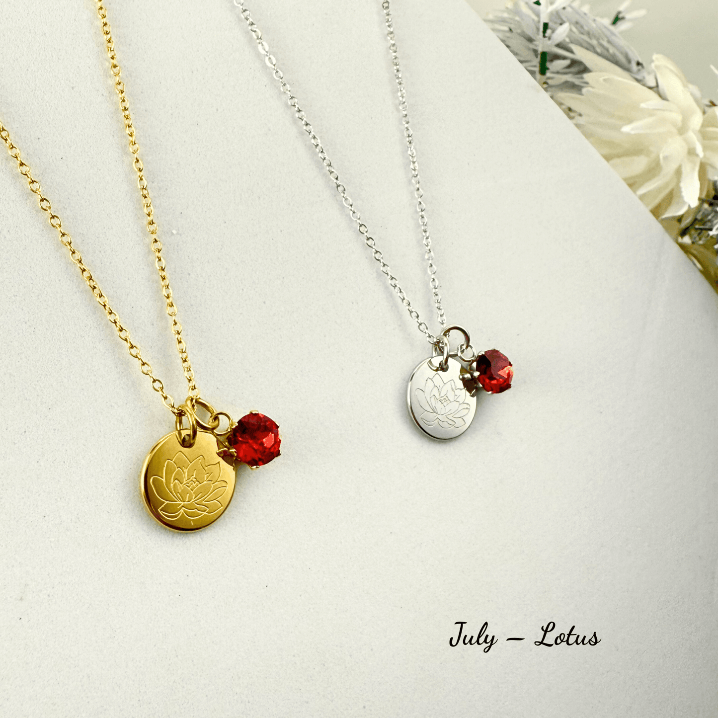 Personalised birth flower necklace with Swarovski crystal birthstone in gold and silver
