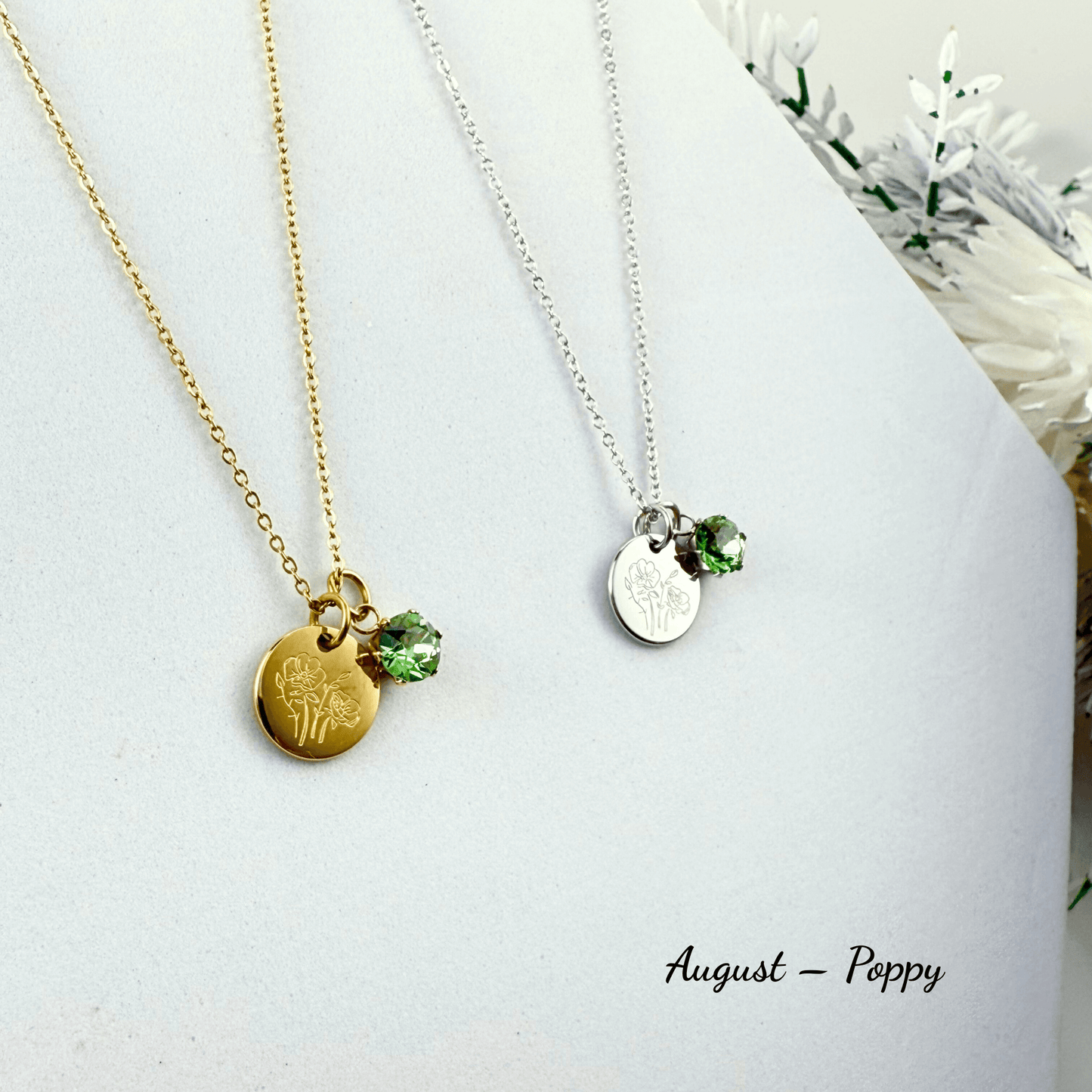 Personalised birth flower necklace with Swarovski crystal birthstone in gold and silver