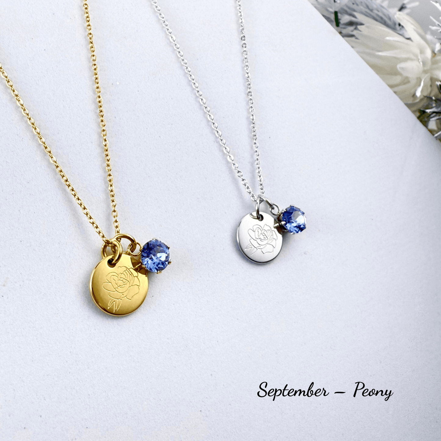 Personalised birth flower necklace with Swarovski crystal birthstone in gold and silver
