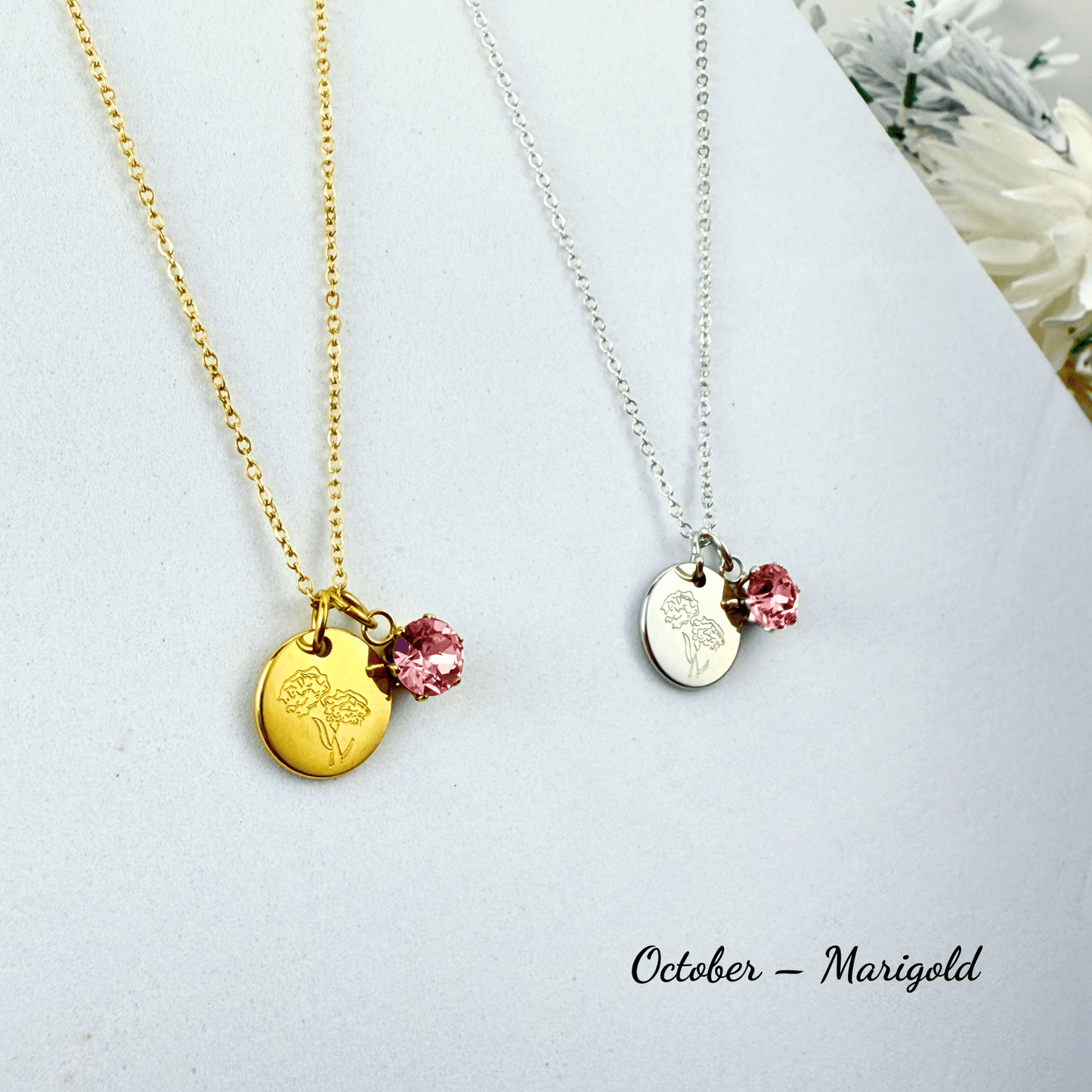 Personalised birth flower necklace with Swarovski crystal birthstone in gold and silver