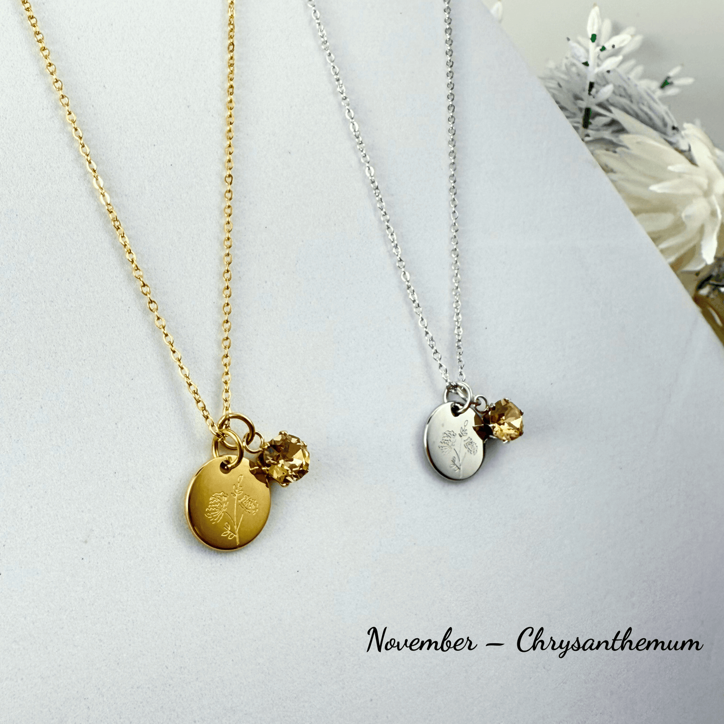 Personalised birth flower necklace with Swarovski crystal birthstone in gold and silver