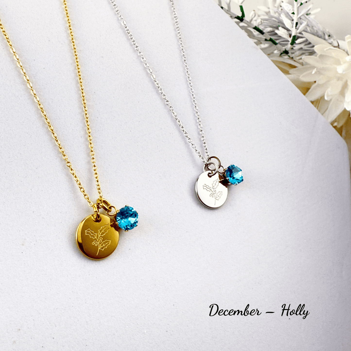 Personalised birth flower necklace with Swarovski crystal birthstone in gold and silver