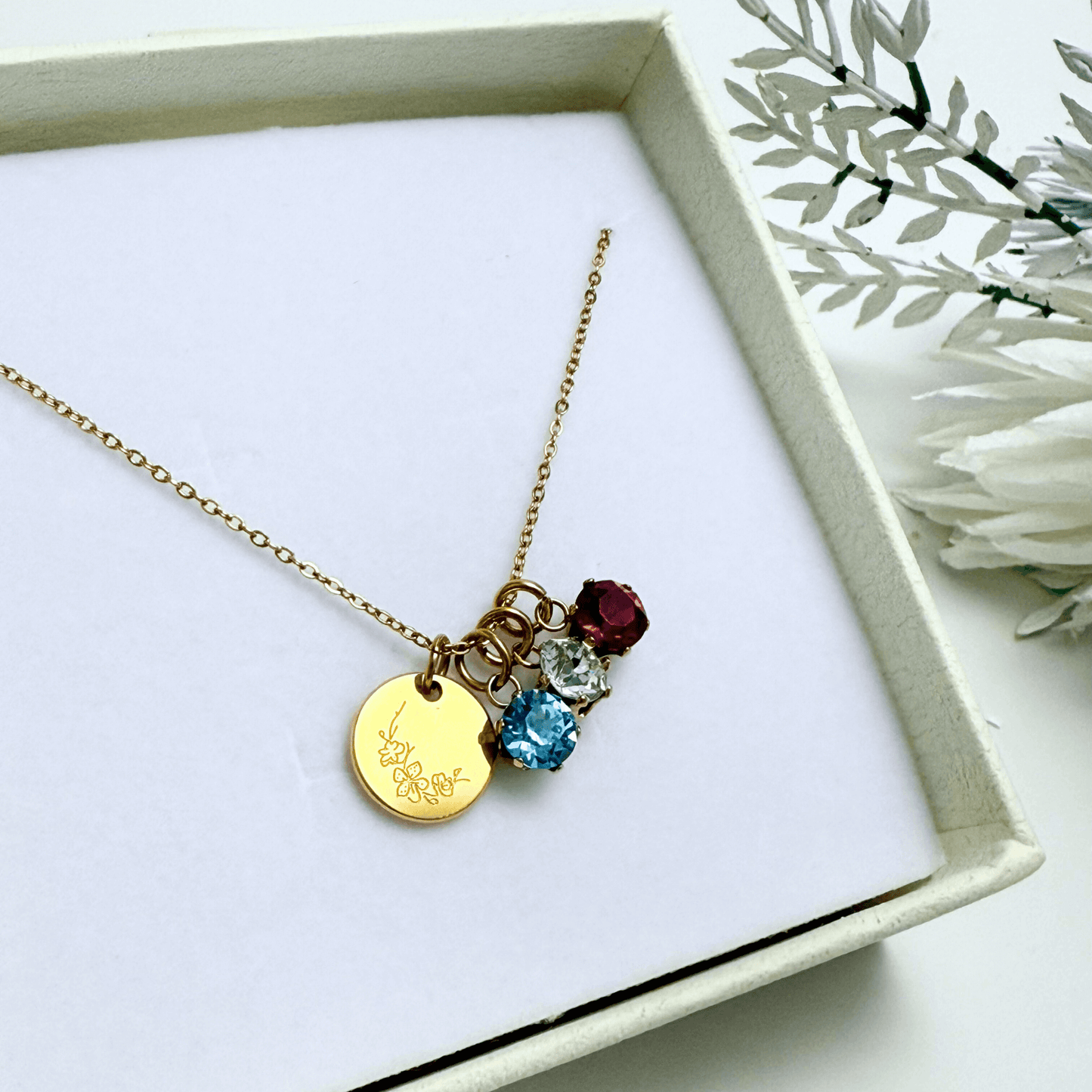 Personalised birth flower necklace with Swarovski crystal birthstone in gold and silver