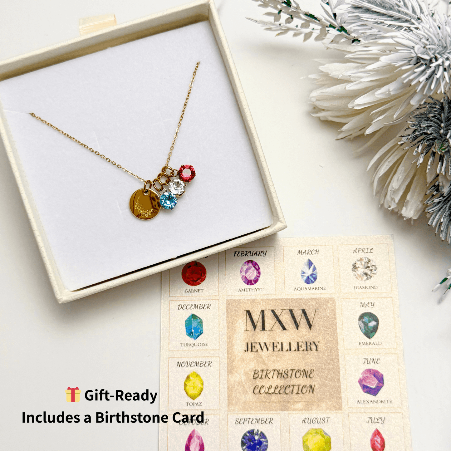 Personalised birth flower necklace with Swarovski crystal birthstone in gold and silver