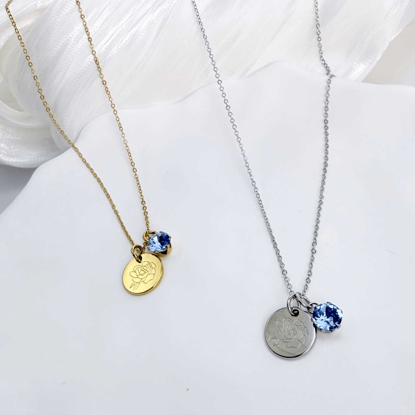 Personalised birth flower necklace with Swarovski crystal birthstone in gold and silver
