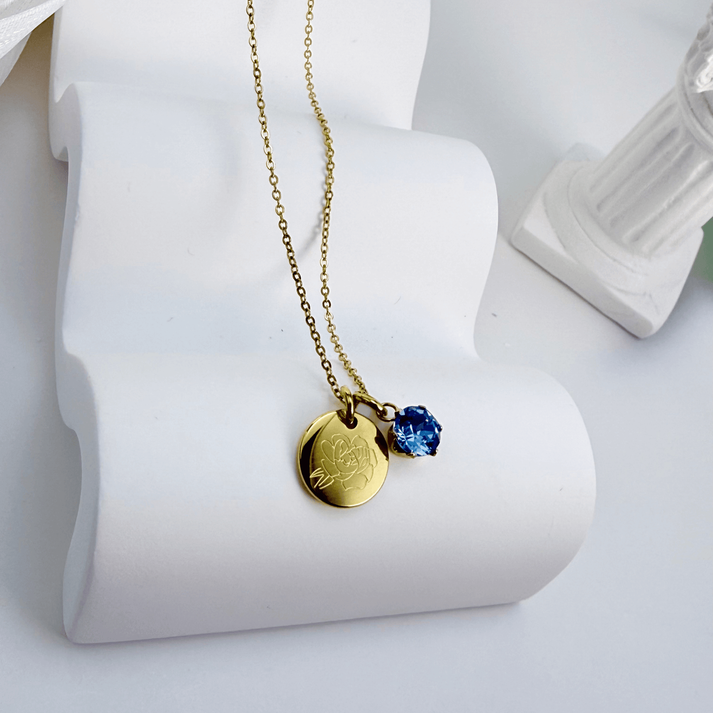 Personalised birth flower necklace with Swarovski crystal birthstone in gold and silver