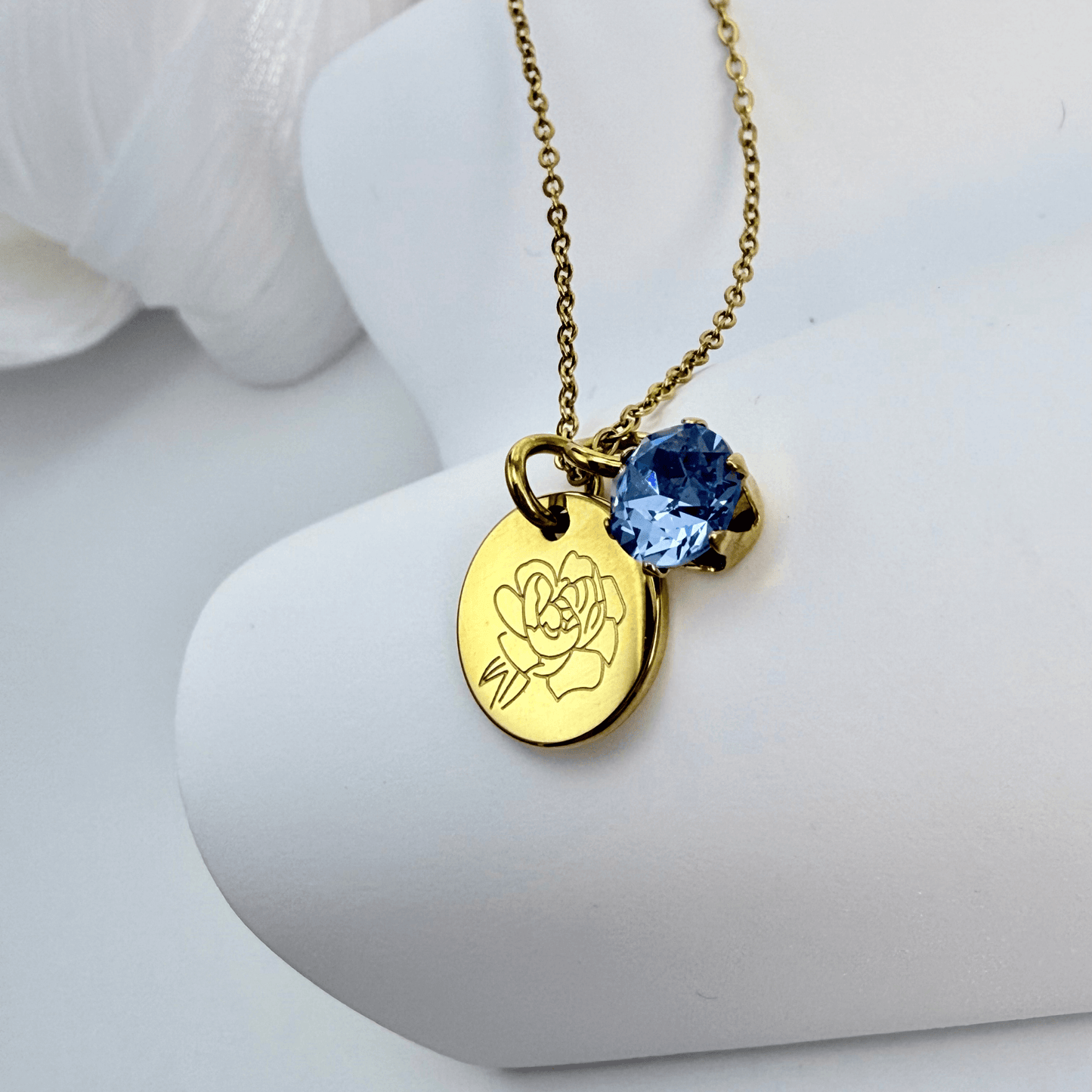 Personalised birth flower necklace with Swarovski crystal birthstone in gold and silver
