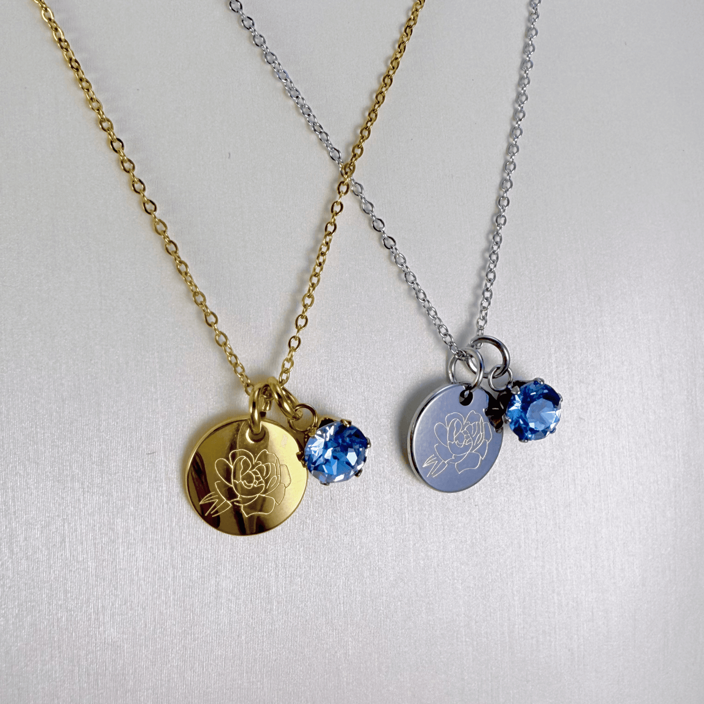 Personalised birth flower necklace with Swarovski crystal birthstone in gold and silver