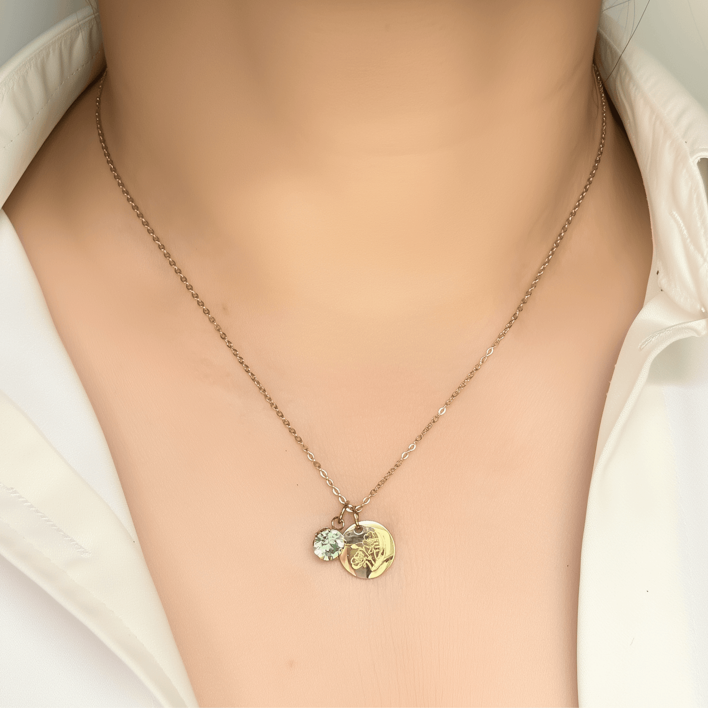 Personalised birth flower necklace with Swarovski crystal birthstone in gold and silver