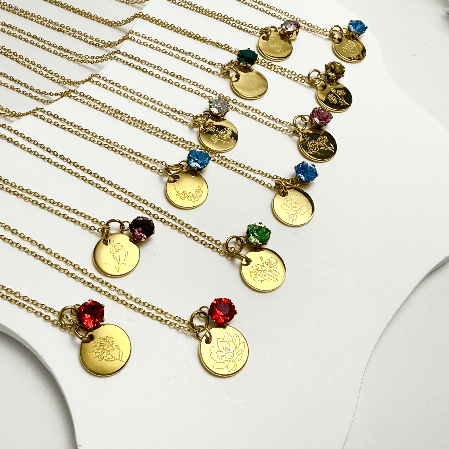 Personalised birth flower necklace with Swarovski crystal birthstone in gold and silver