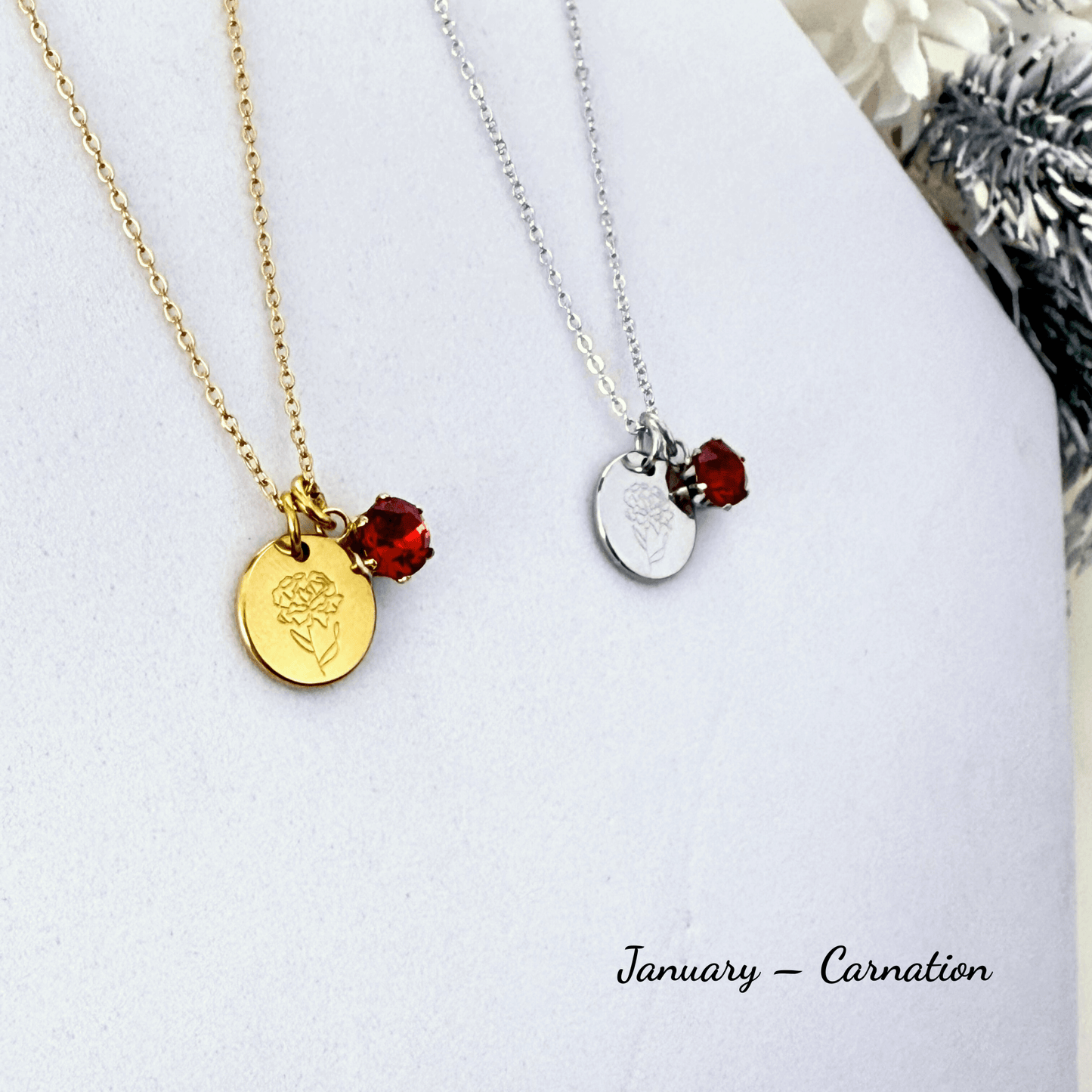 Personalised birth flower necklace with Swarovski crystal birthstone in gold and silver