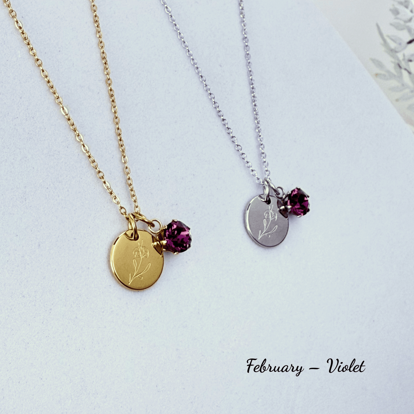 Personalised birth flower necklace with Swarovski crystal birthstone in gold and silver
