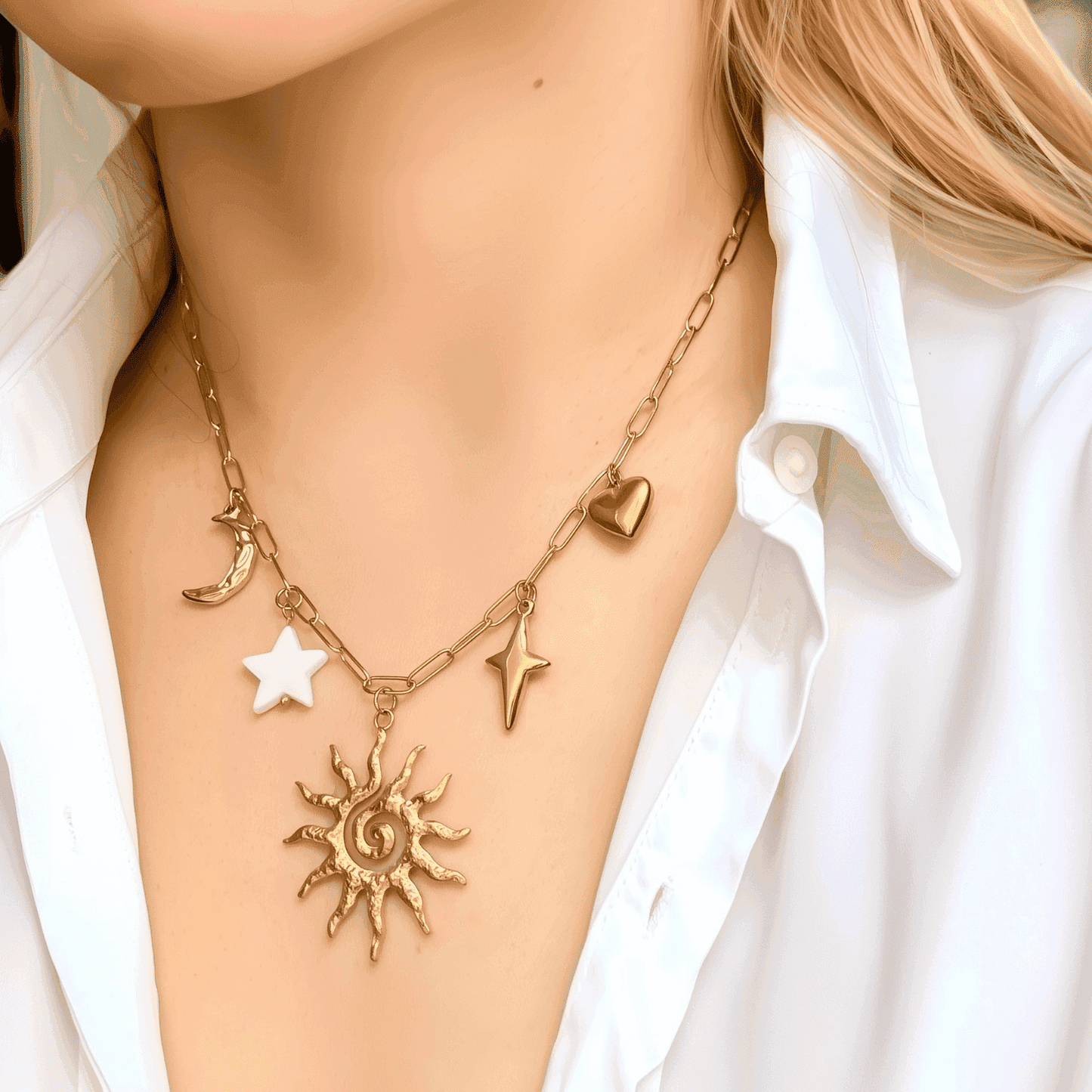 Custom gold charm necklace with medium link chain and celestial charms – mix and match your style