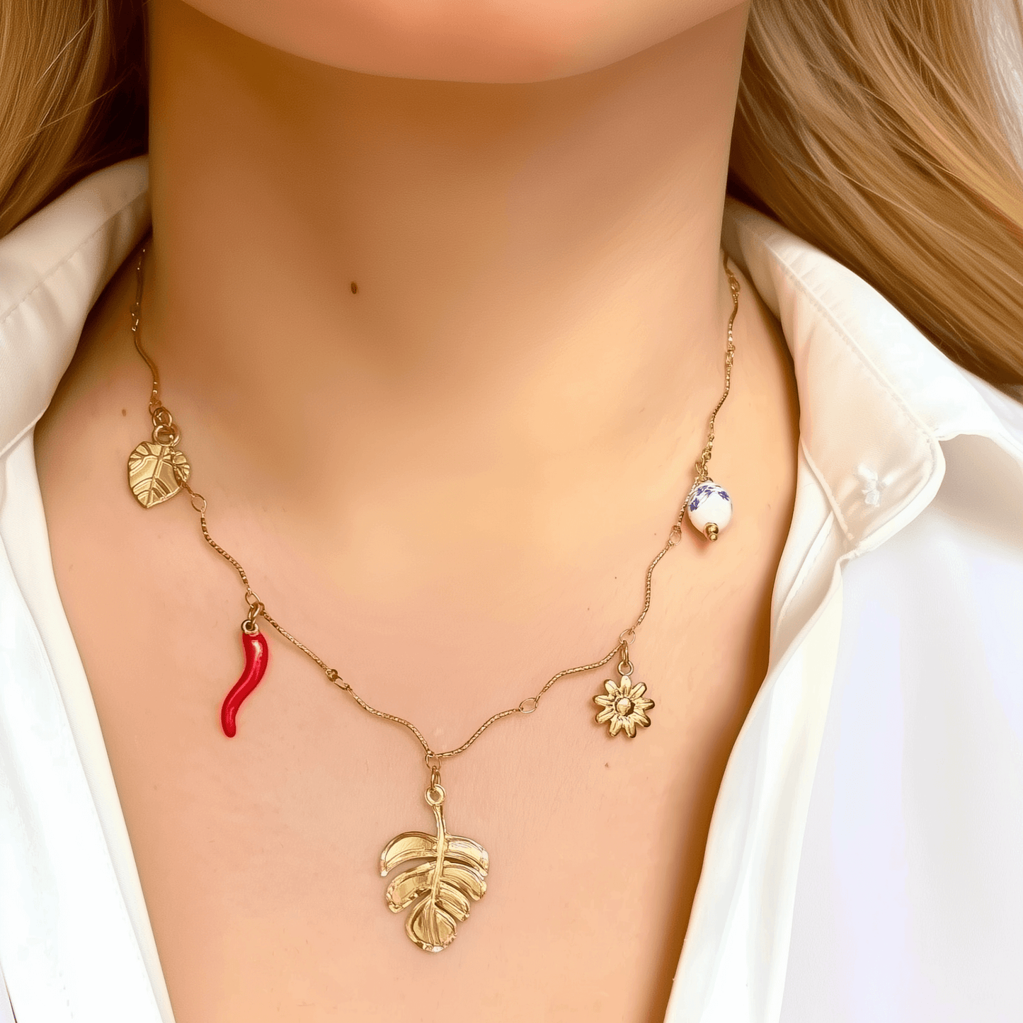 Thin linked gold chain charm necklace with customisable charms – dainty, handmade, and waterproof